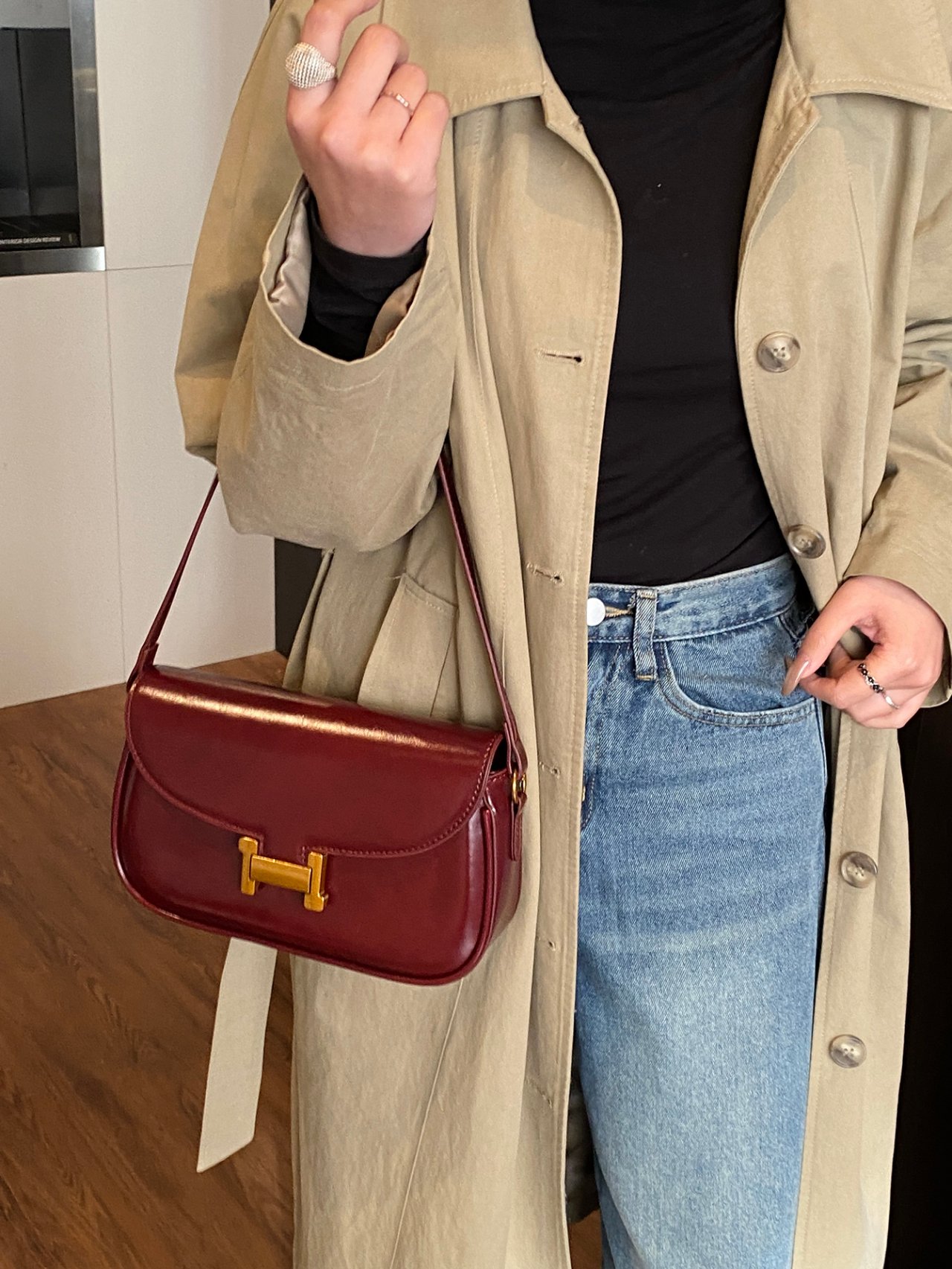 Burgundy Shoulder Bag with Gold-Tone Hardware