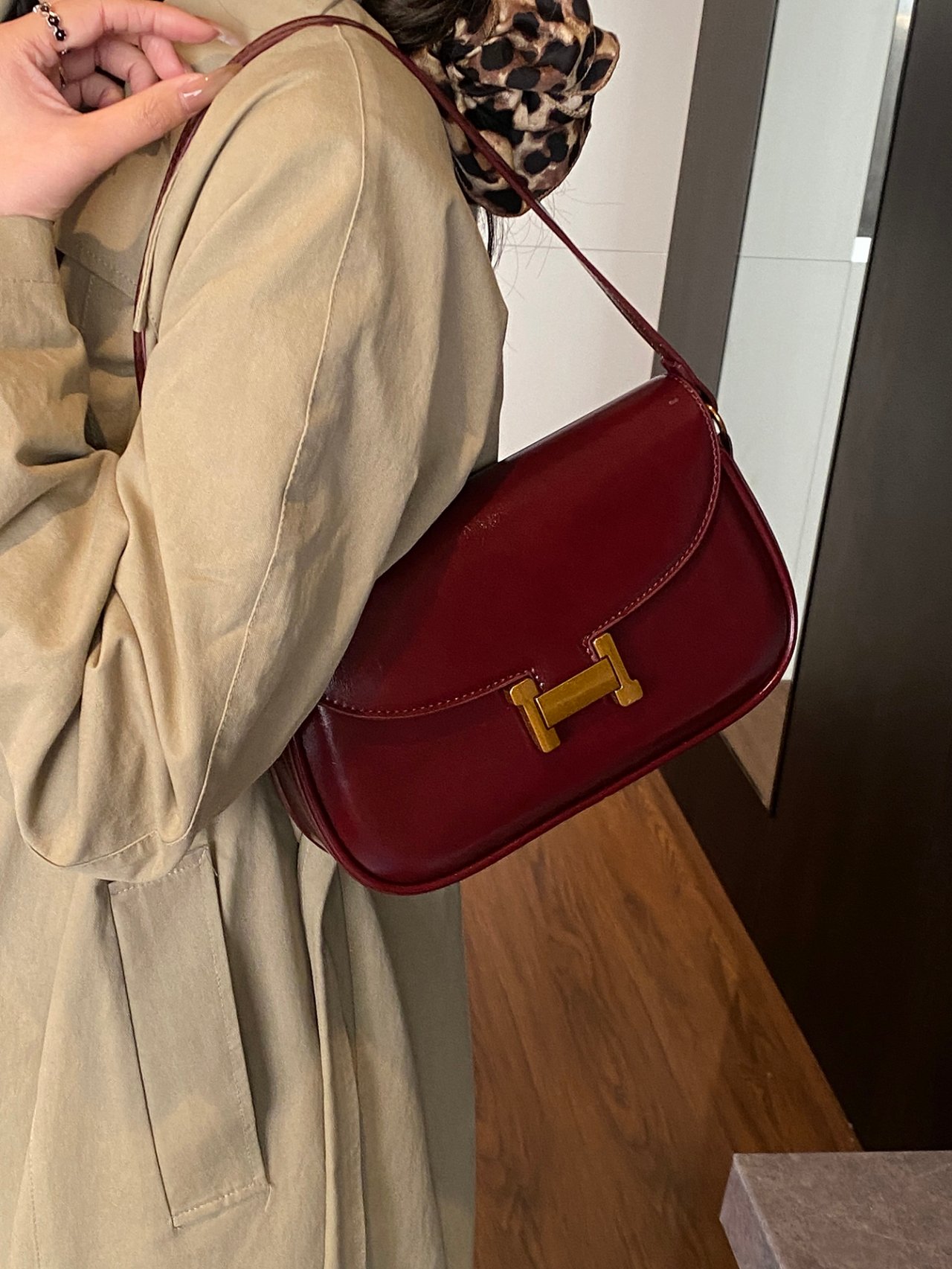 Burgundy Shoulder Bag with Gold-Tone Hardware