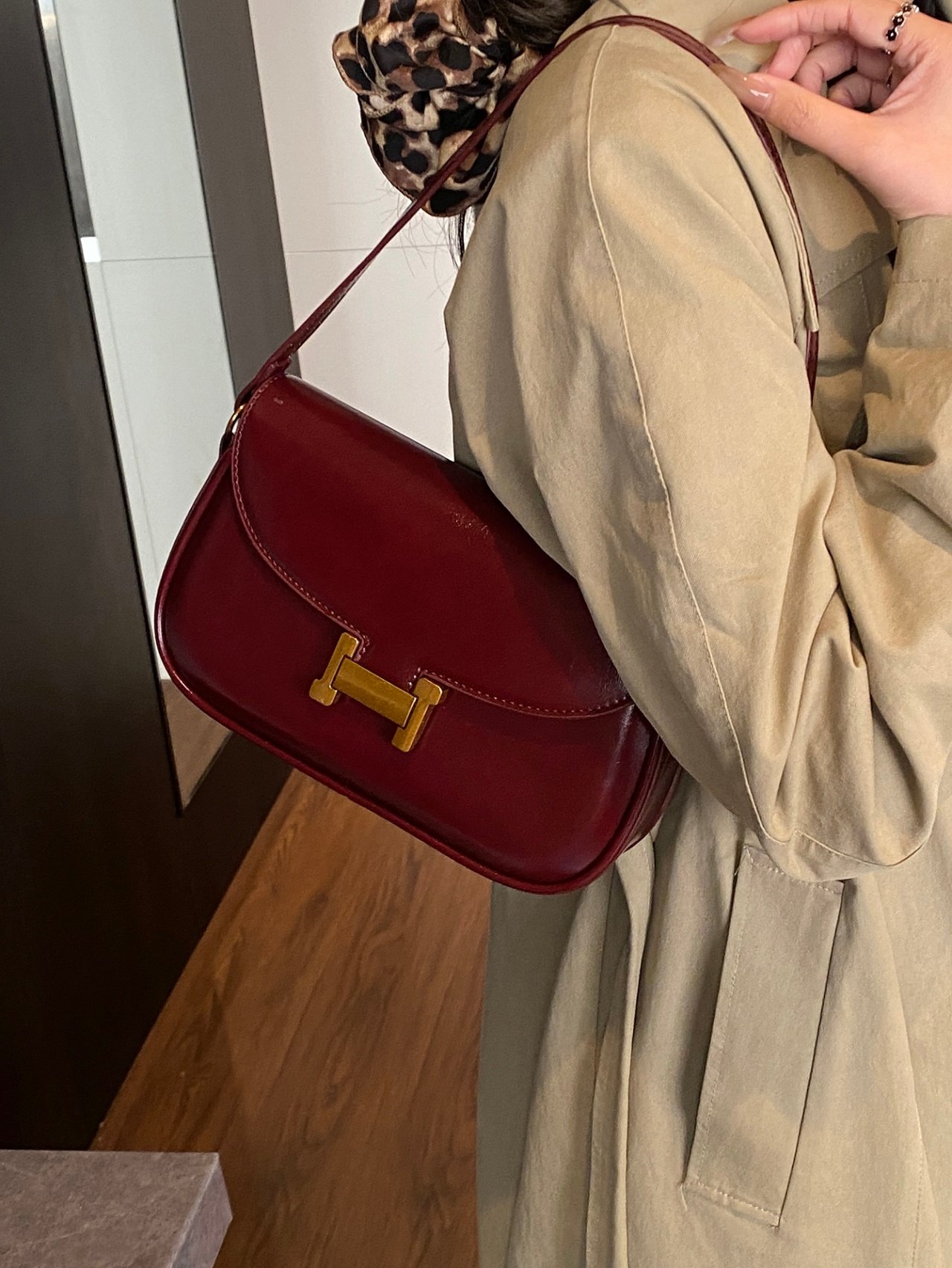 Burgundy Shoulder Bag with Gold-Tone Hardware
