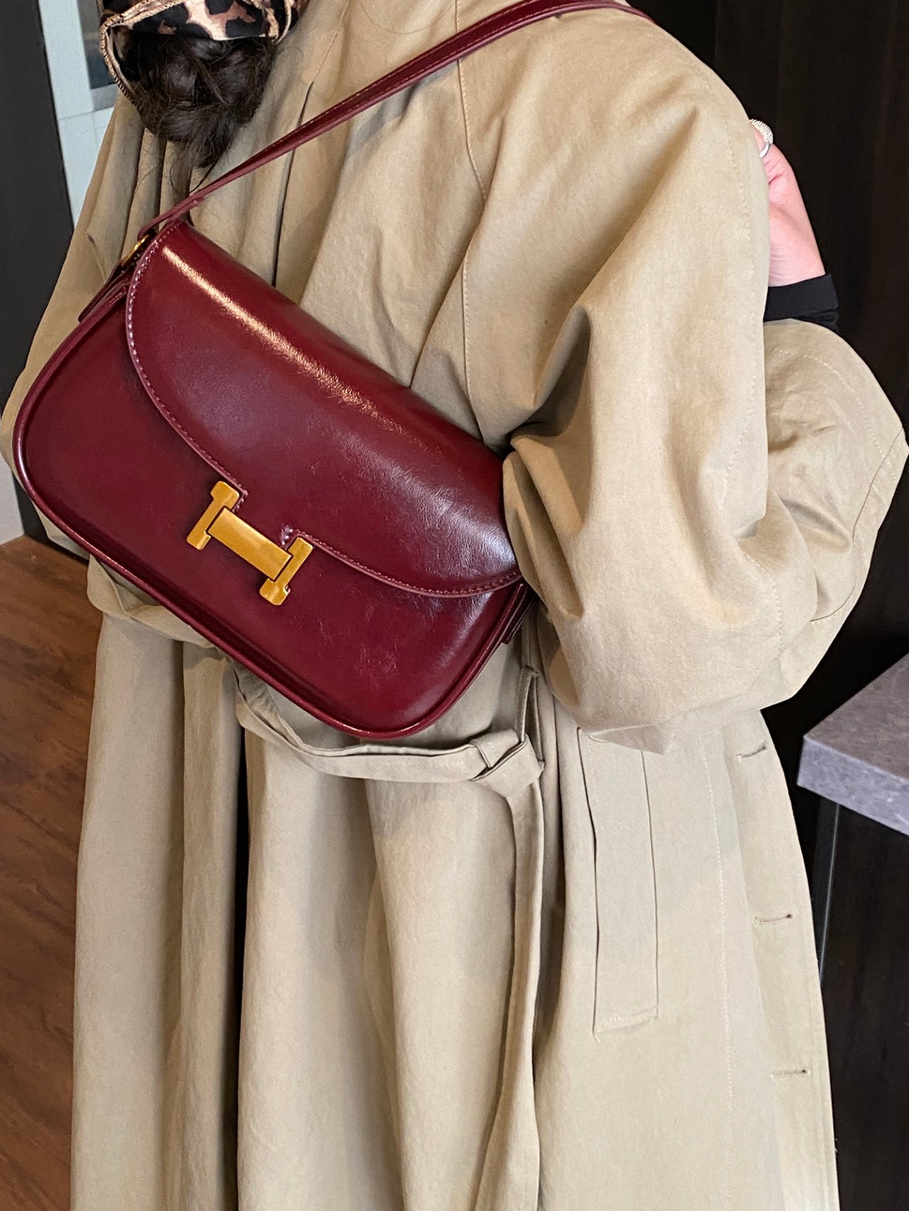 Burgundy Shoulder Bag with Gold-Tone Hardware