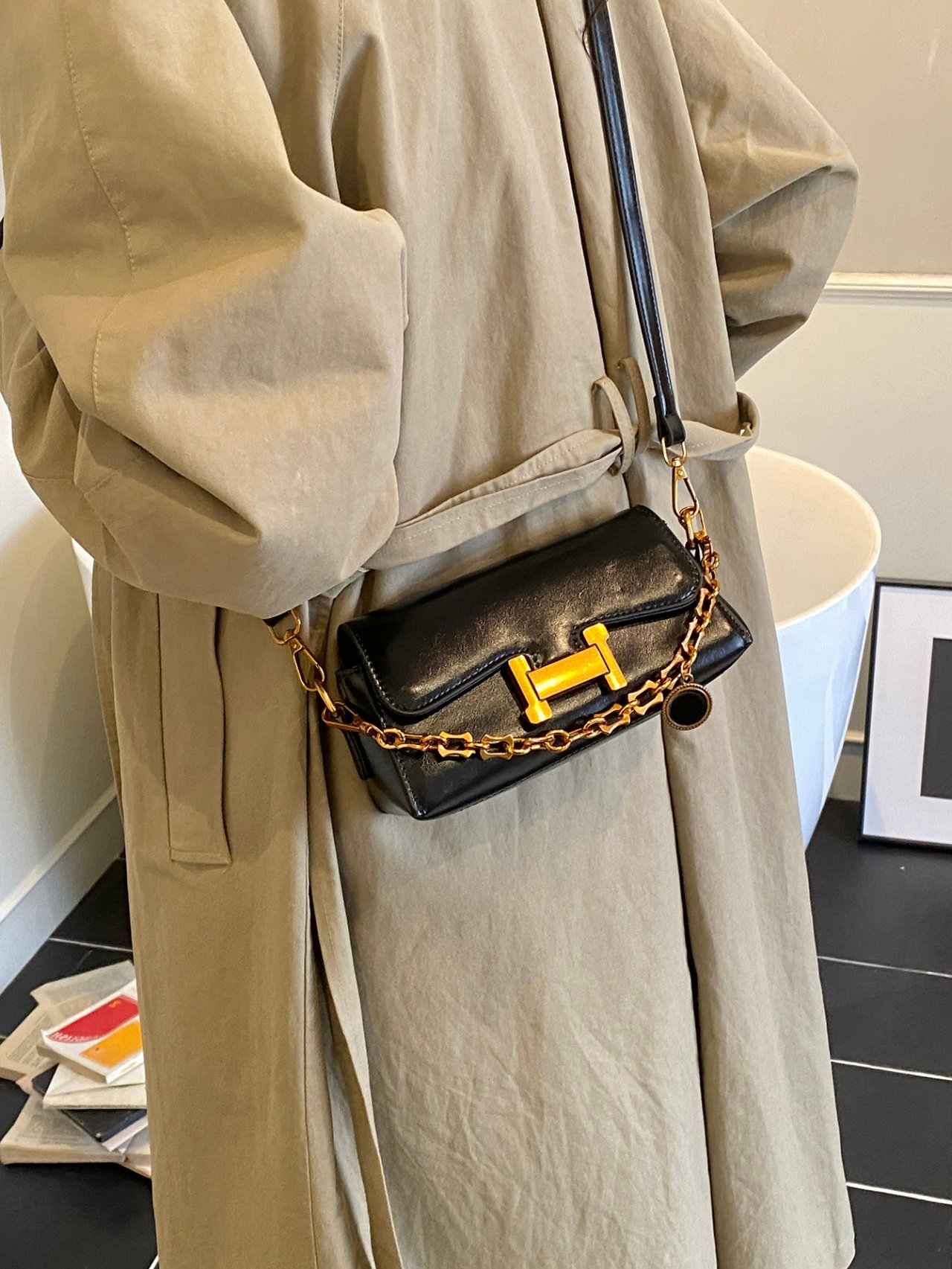 Black Crossbody Bag with Gold Chain Detail