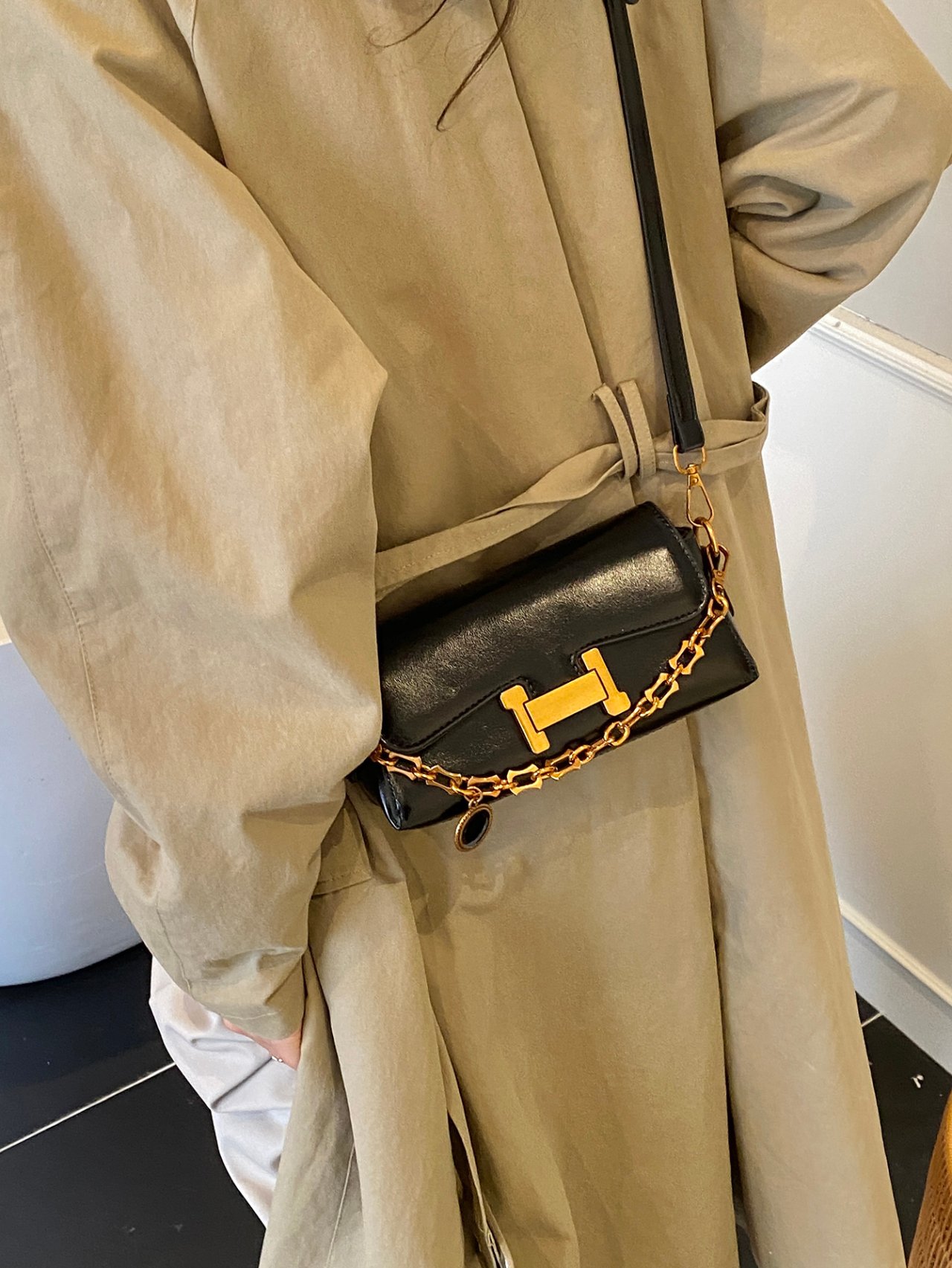 Black Crossbody Bag with Gold Chain Detail