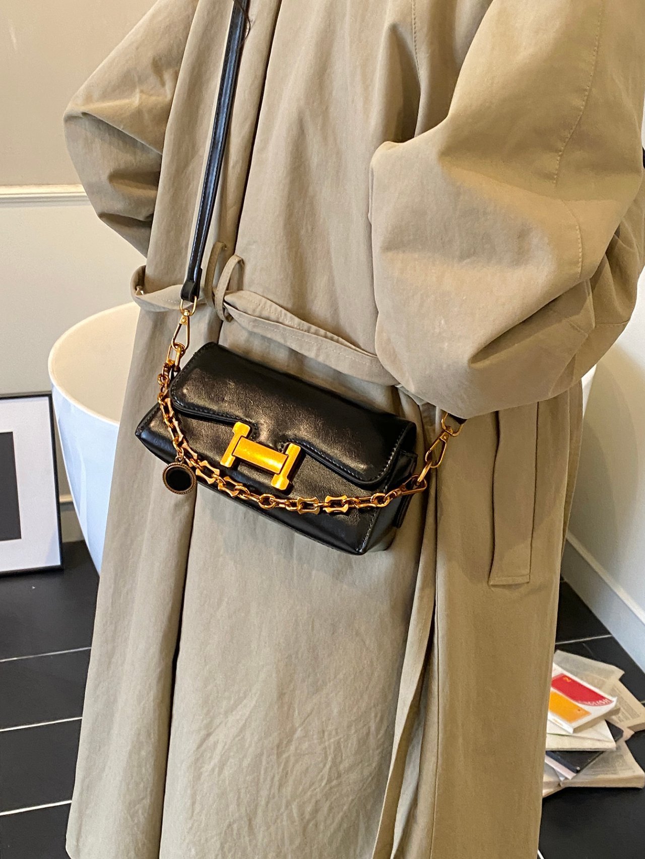 Black Crossbody Bag with Gold Chain Detail