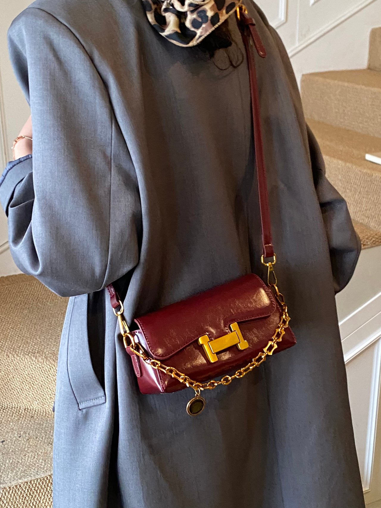 Burgundy Crossbody Bag with Gold Hardware