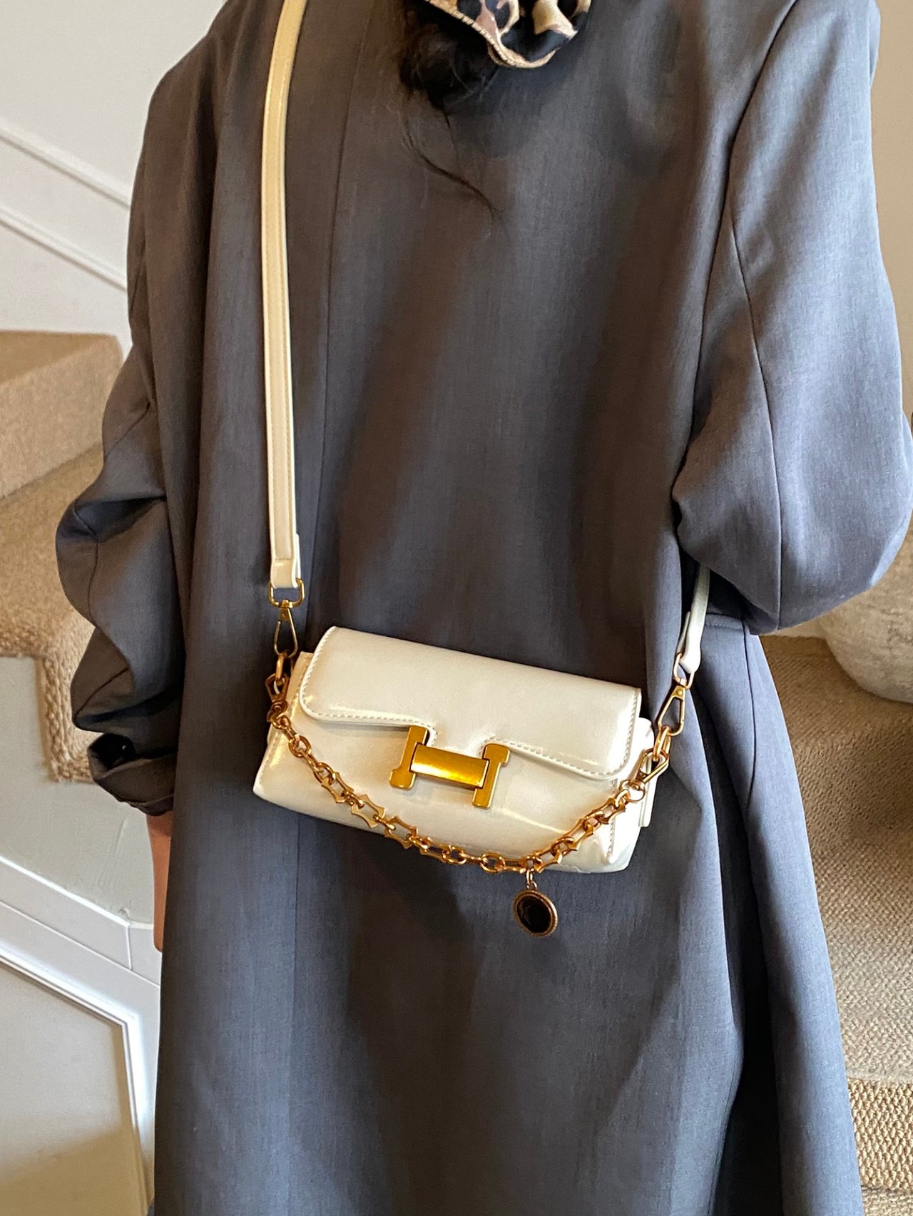 Off-White Crossbody Bag with Gold Chain Detail