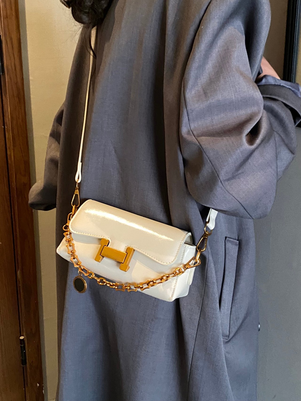 Off-White Crossbody Bag with Gold Chain Detail