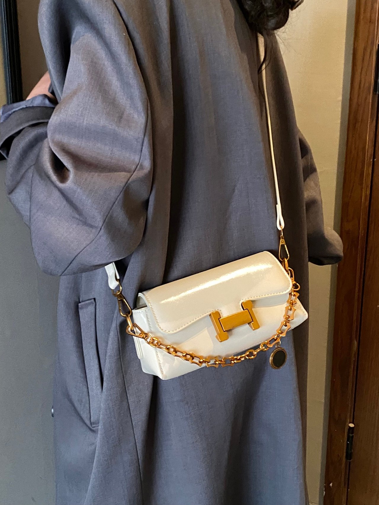 Off-White Crossbody Bag with Gold Chain Detail