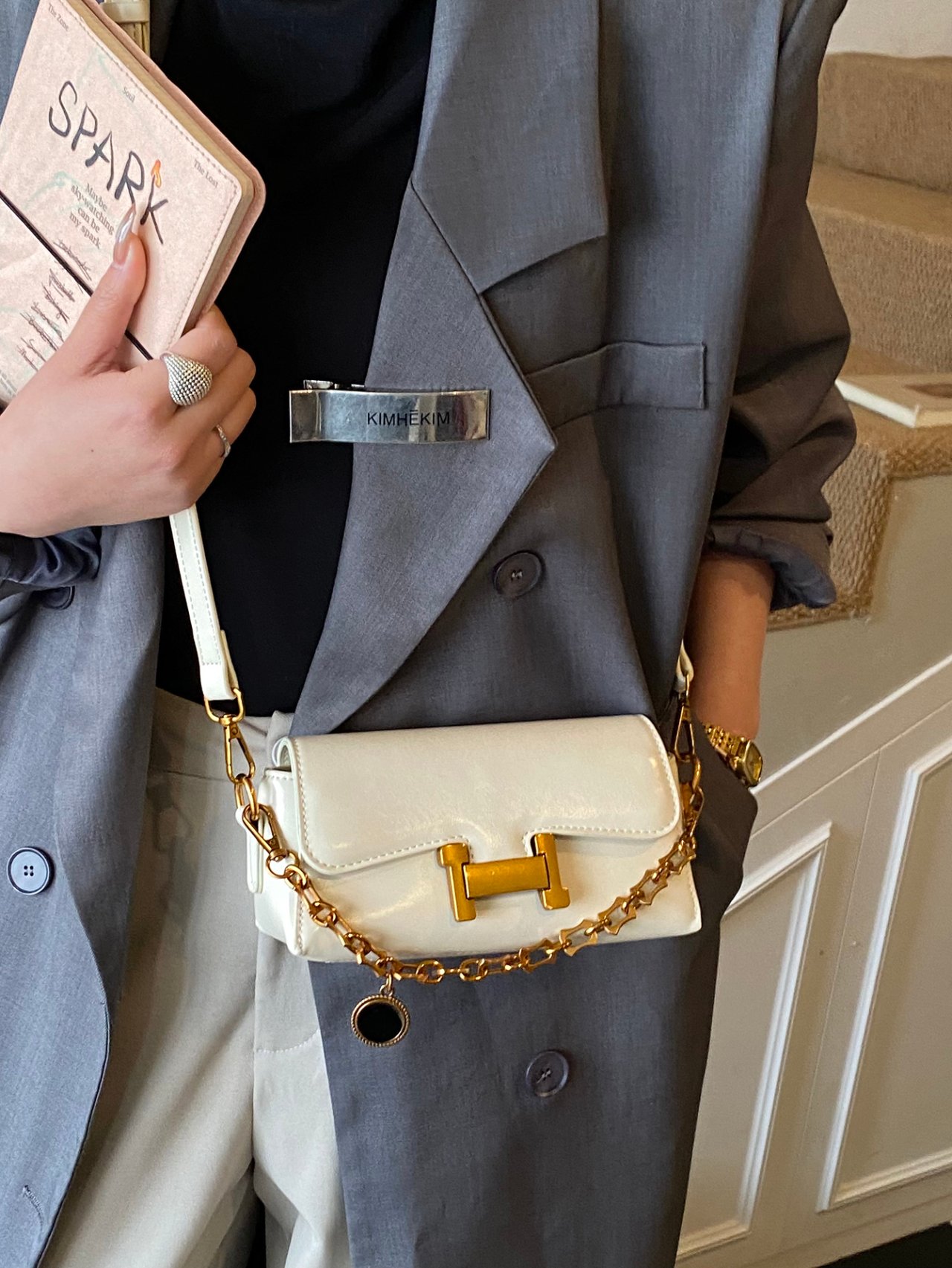 Off-White Crossbody Bag with Gold Chain Detail