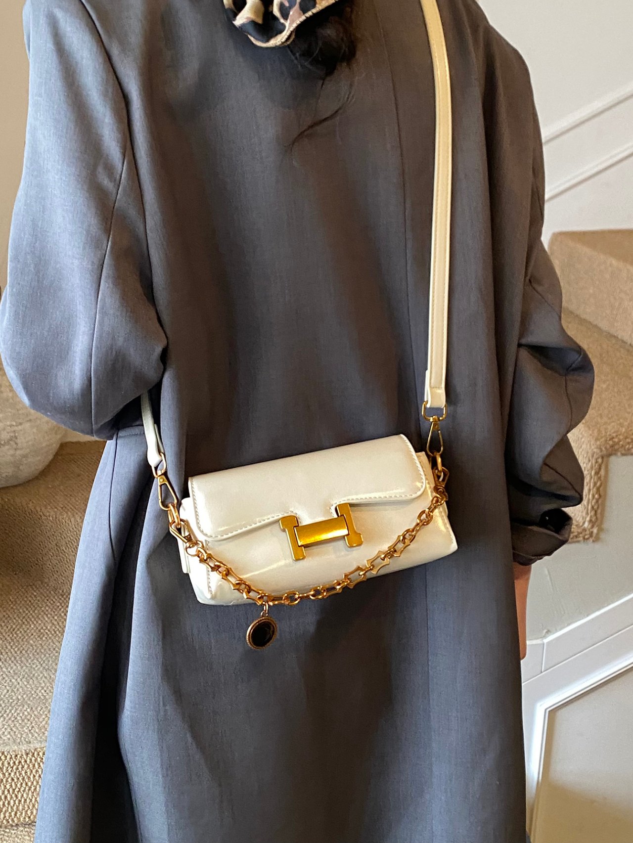 Off-White Crossbody Bag with Gold Chain Detail