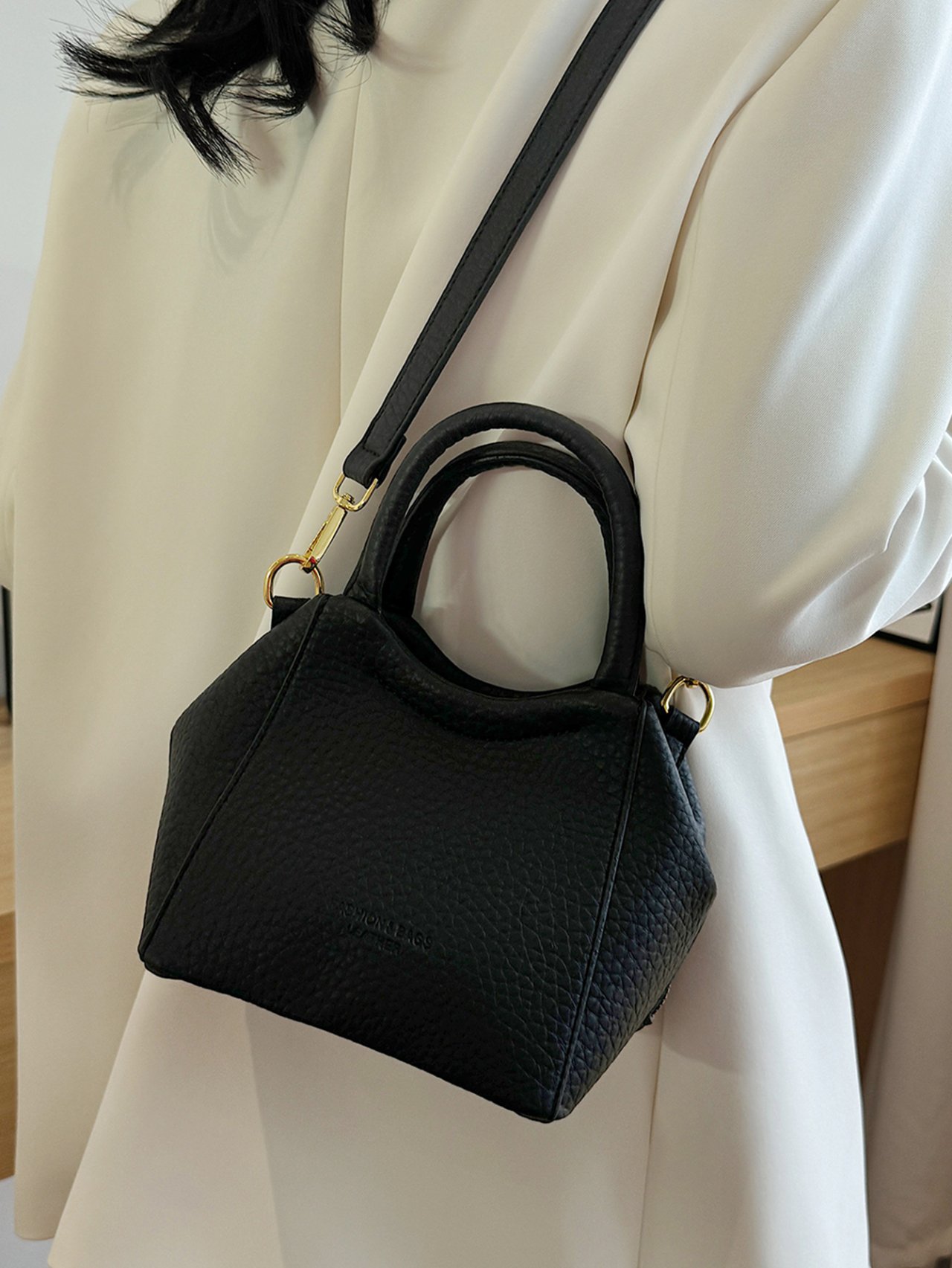 Black Pebbled Crossbody Handbag with Top Handles