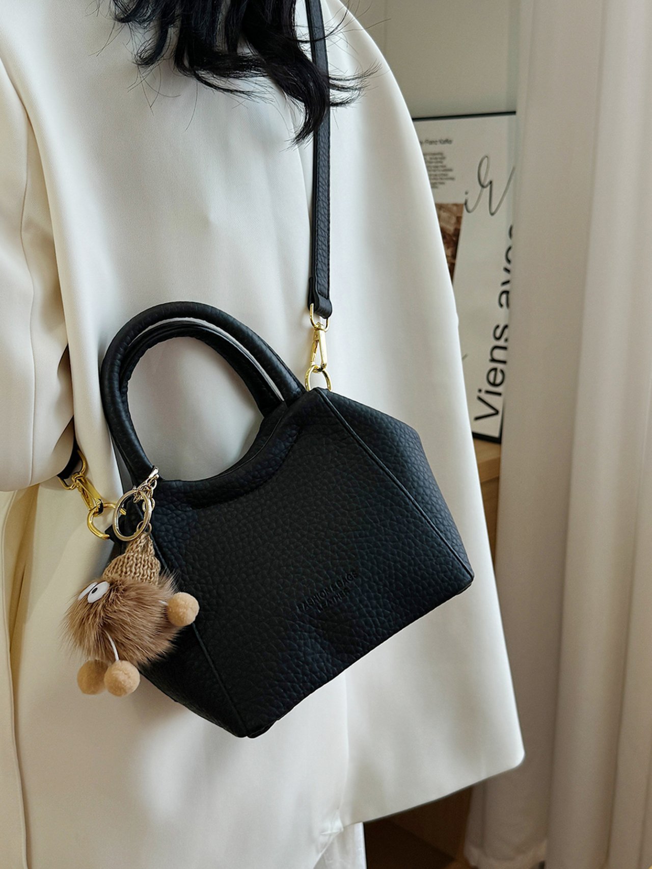 Black Pebbled Crossbody Handbag with Top Handles