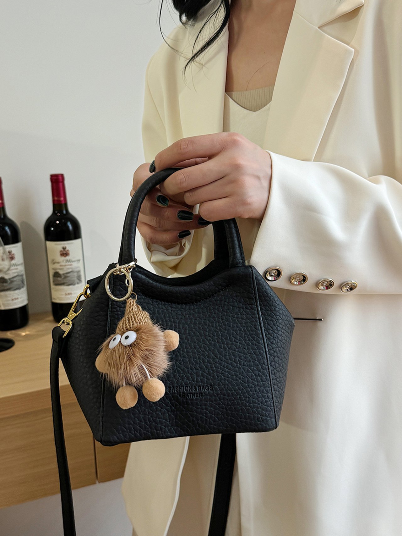 Black Pebbled Crossbody Handbag with Top Handles