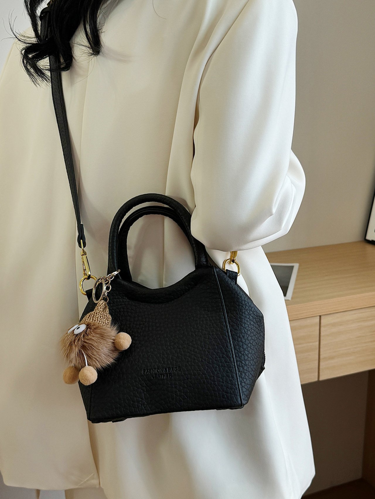 Black Pebbled Crossbody Handbag with Top Handles
