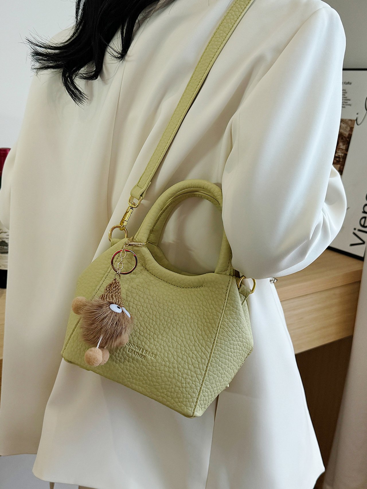 Green Pebbled Crossbody Bag with Charm