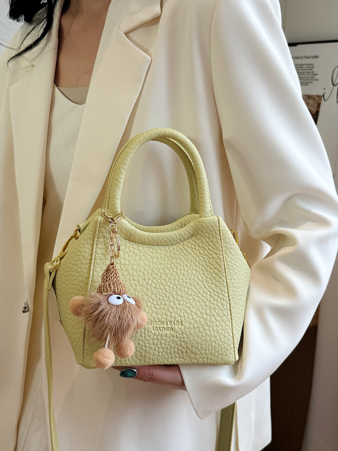 Green Pebbled Crossbody Bag with Charm