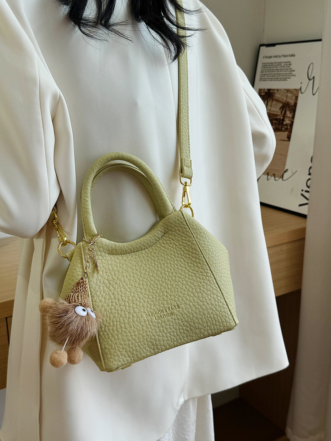 Green Pebbled Crossbody Bag with Charm