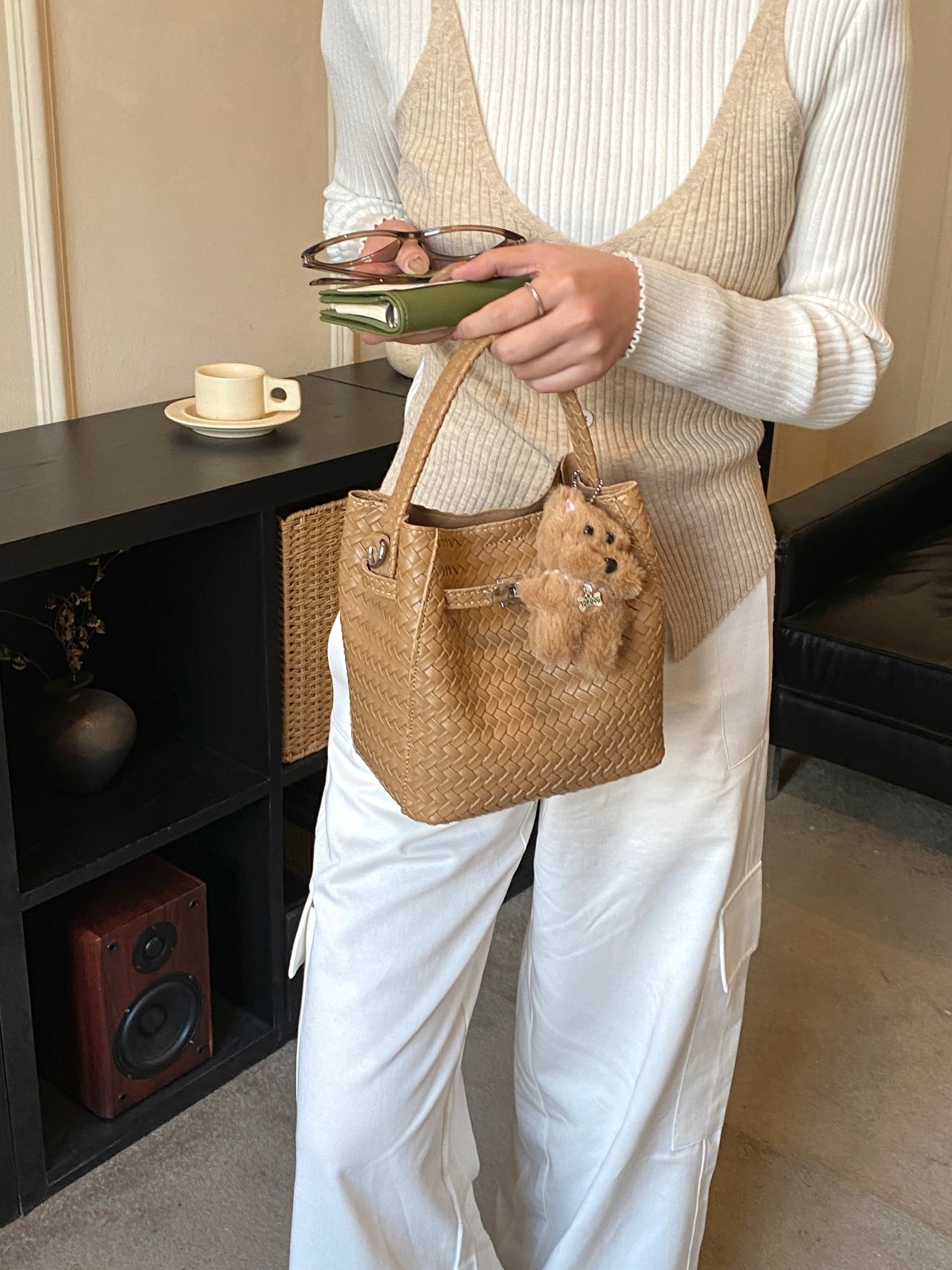 Tan Woven Handbag with Charm