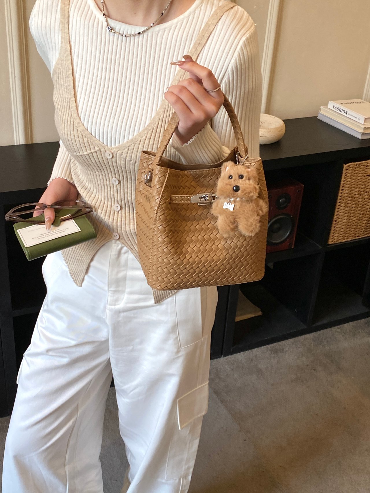 Tan Woven Handbag with Charm