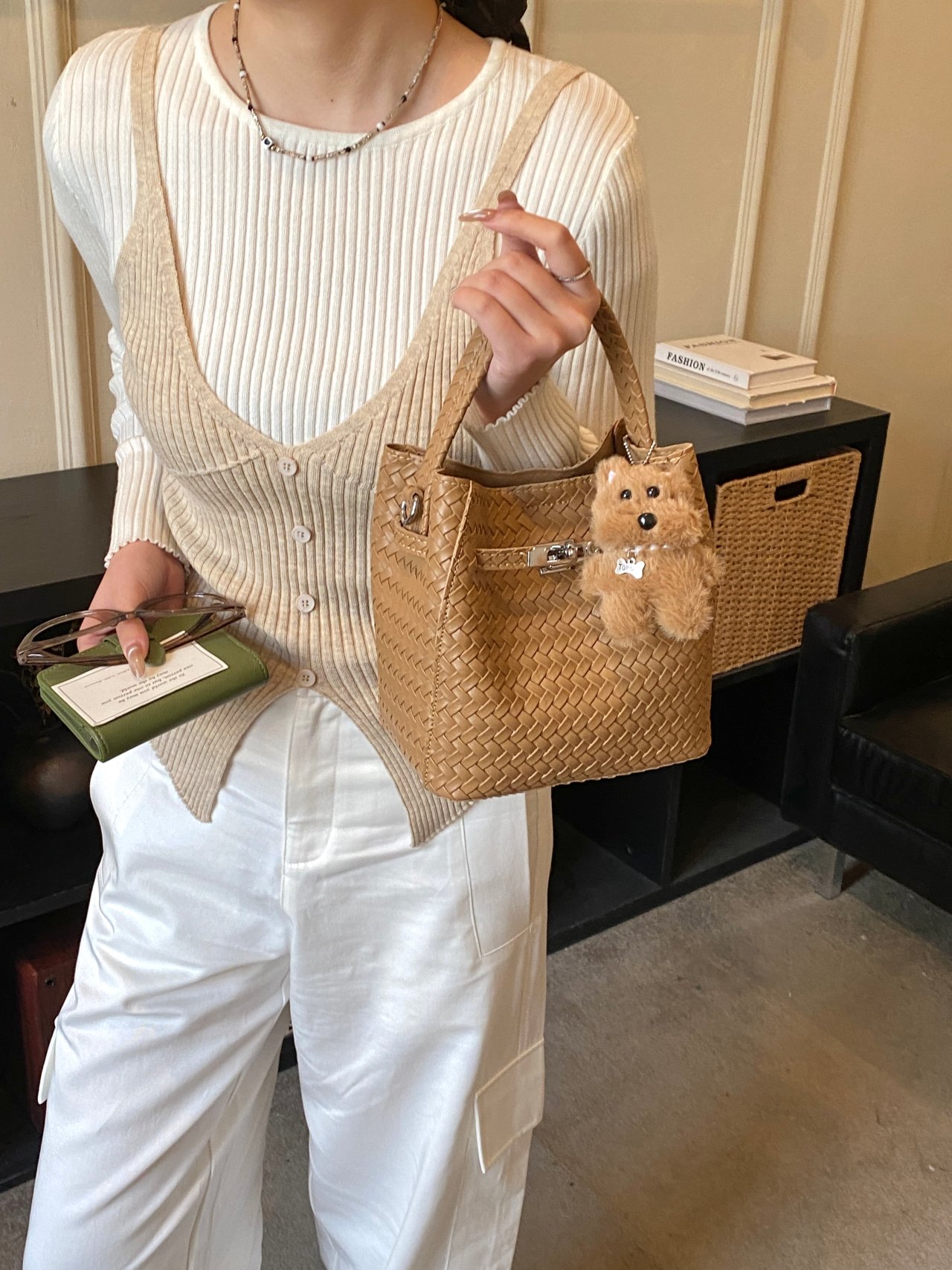 Tan Woven Handbag with Charm