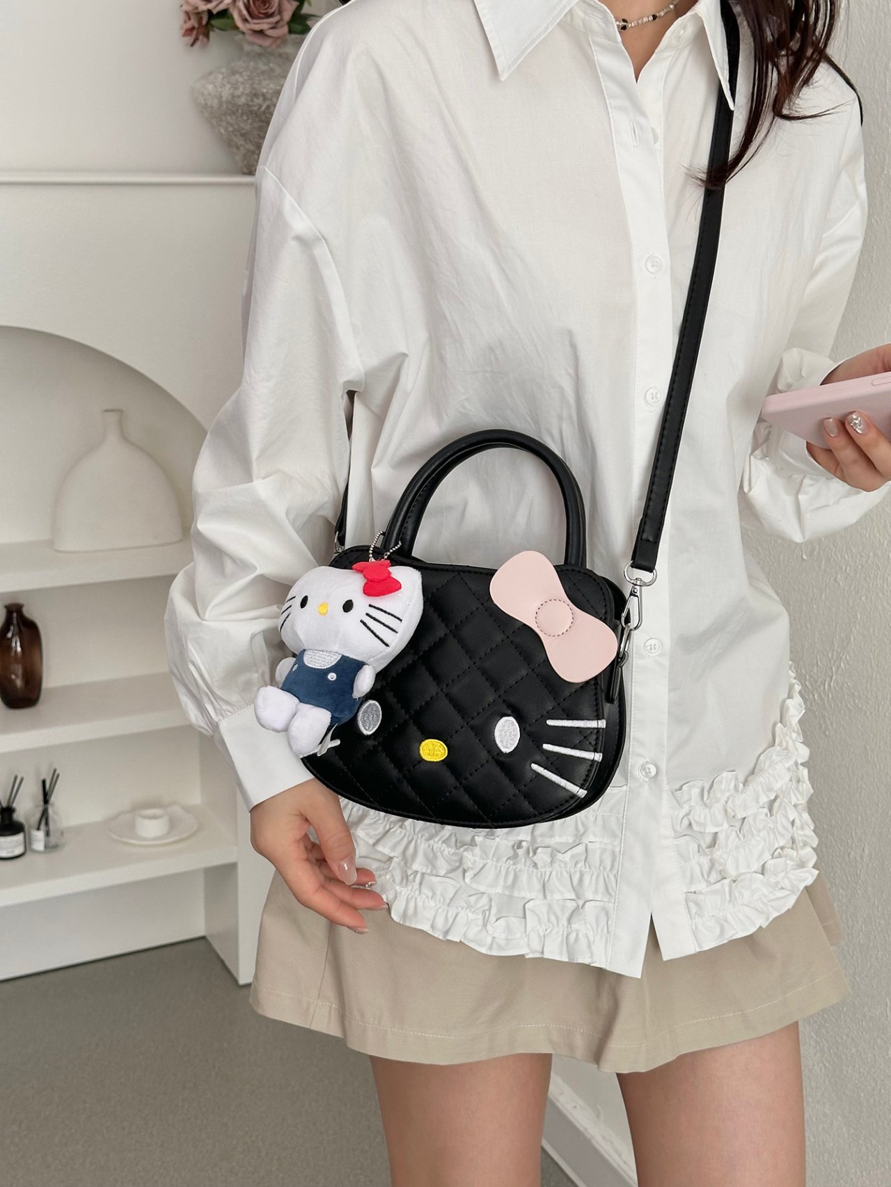 Black Quilted Hello Kitty Crossbody Bag
