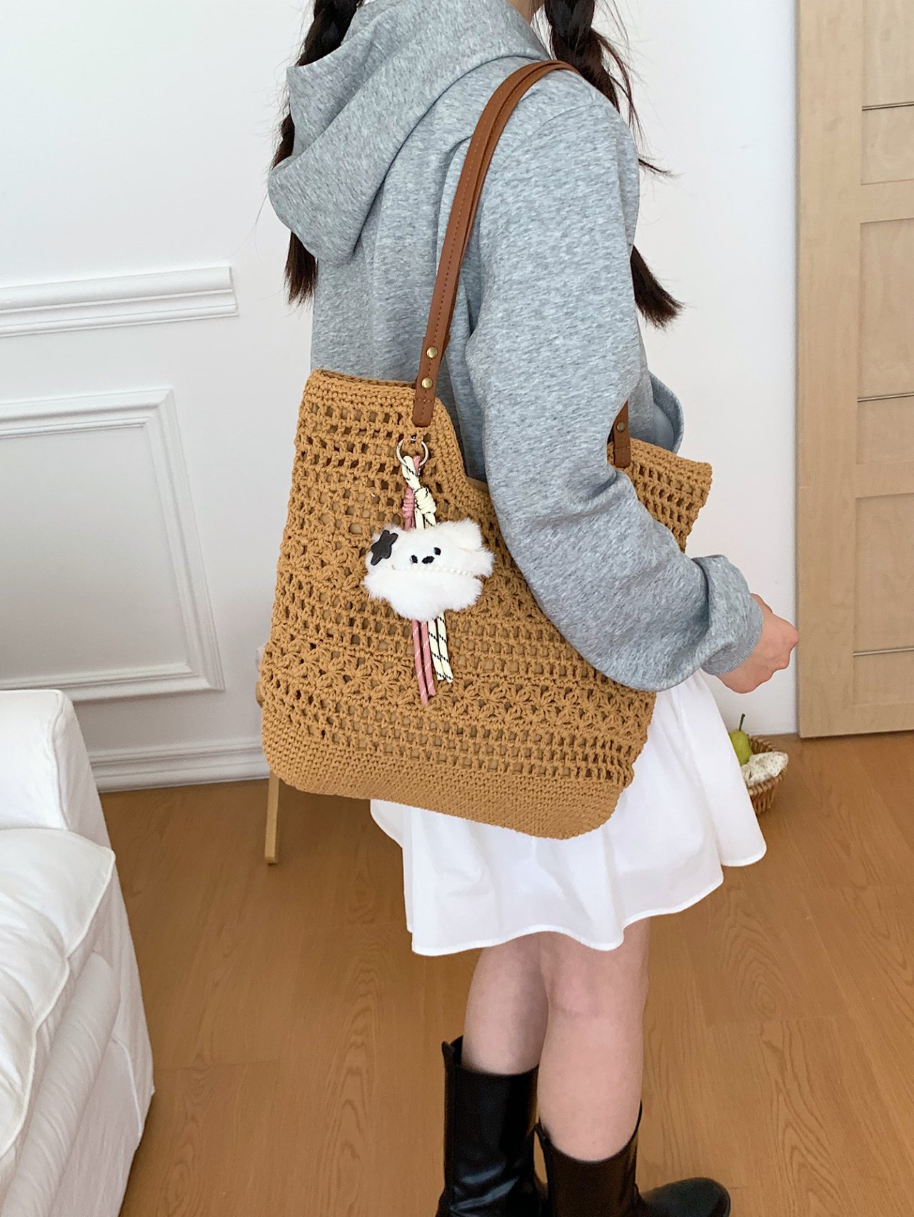 Brown Crochet Shoulder Bag with Detachable Charm