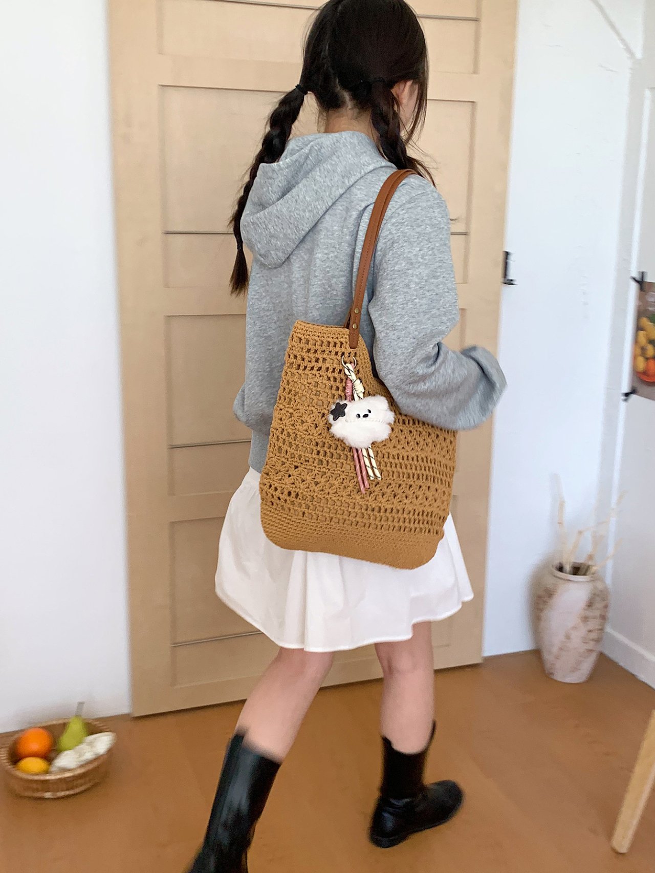 Brown Crochet Shoulder Bag with Detachable Charm