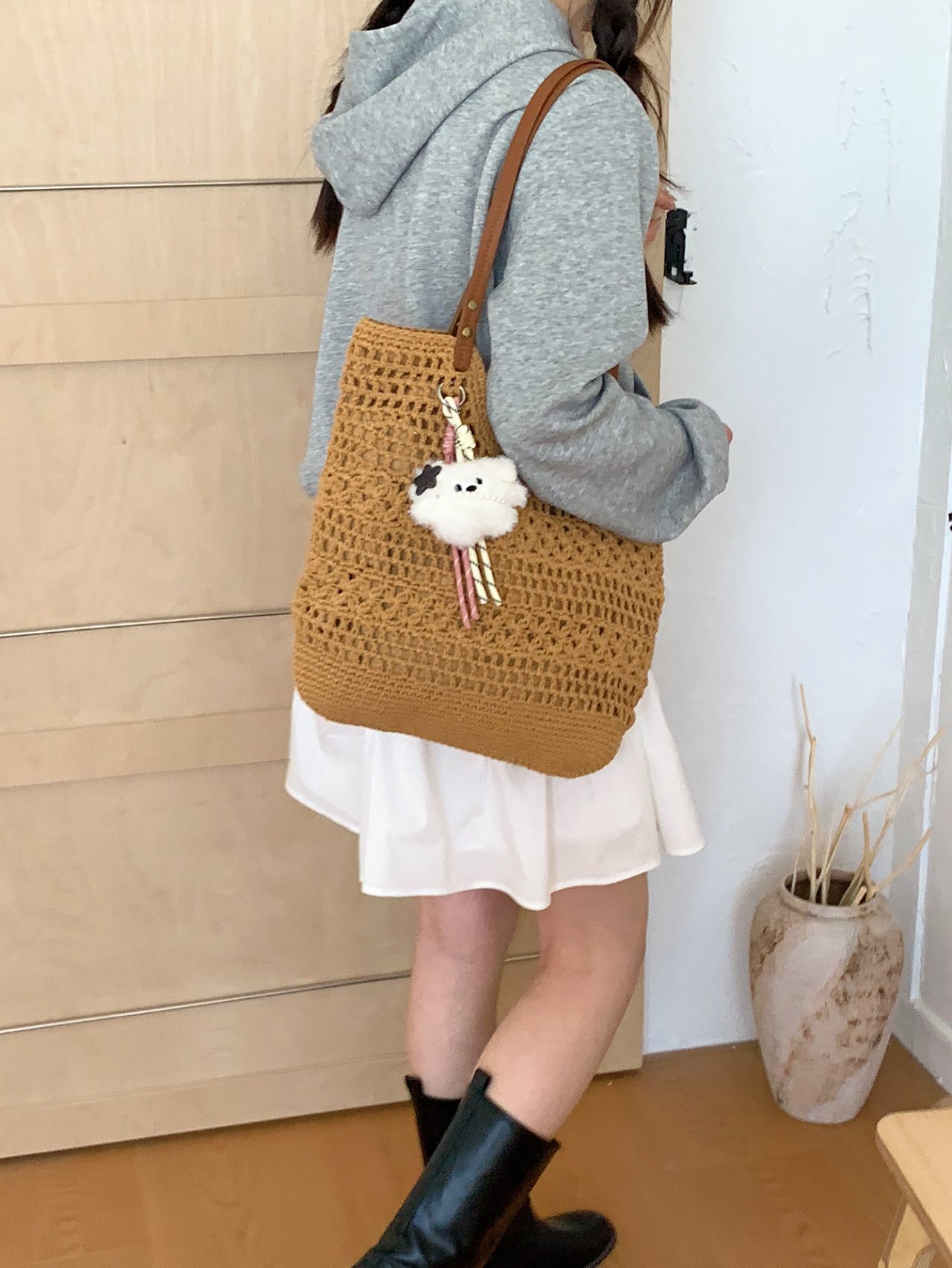 Brown Crochet Shoulder Bag with Detachable Charm