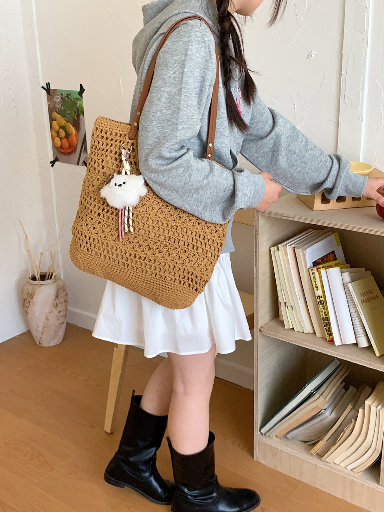 Brown Crochet Shoulder Bag with Detachable Charm