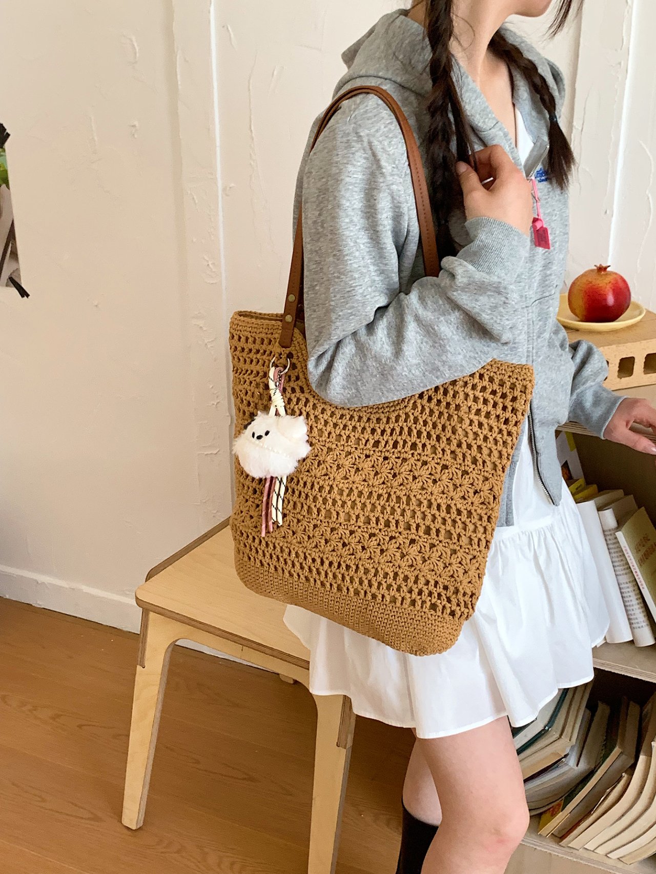 Brown Crochet Shoulder Bag with Detachable Charm