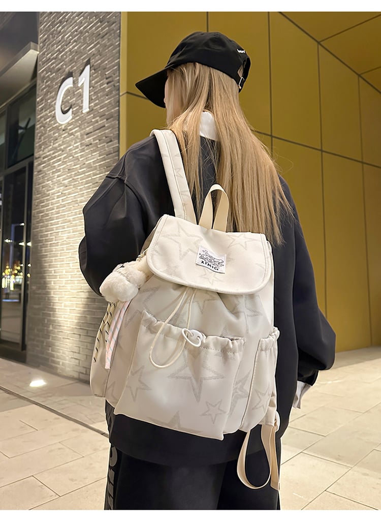 White Star-Pattern Drawstring Backpack
