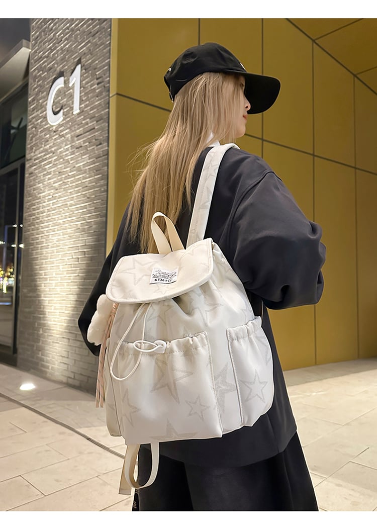 White Star-Pattern Drawstring Backpack