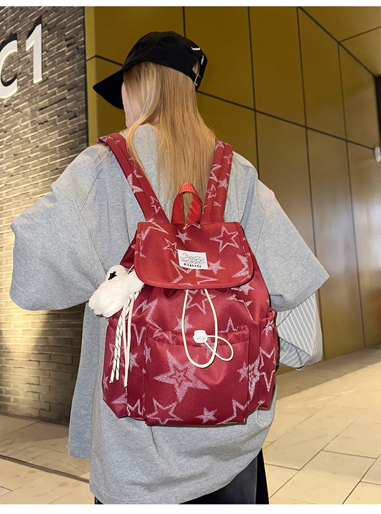 Red Star-Patterned Drawstring Backpack with Charm