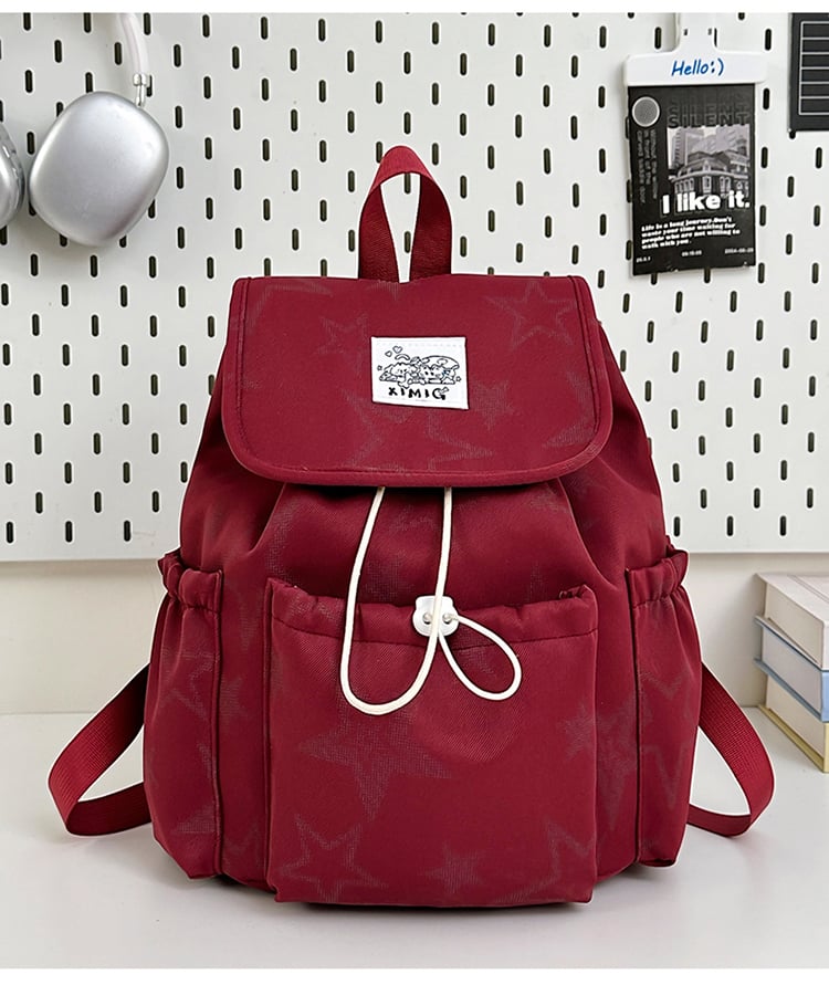 Red Star-Patterned Drawstring Backpack with Charm