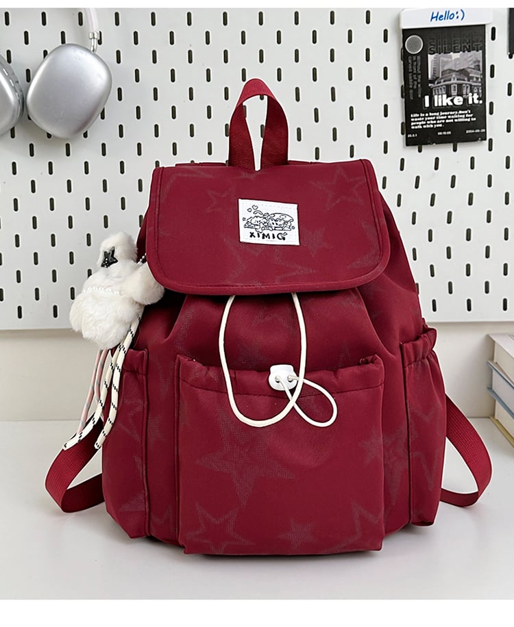 Red Star-Patterned Drawstring Backpack with Charm