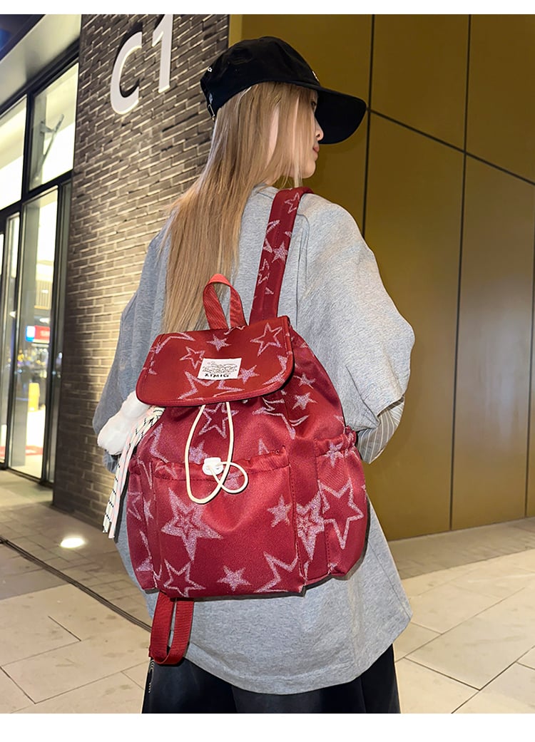 Red Star-Patterned Drawstring Backpack with Charm