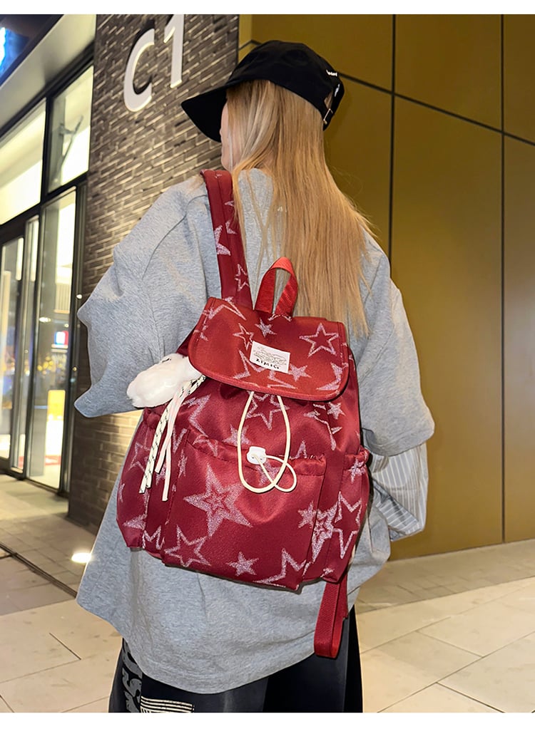 Red Star-Patterned Drawstring Backpack with Charm