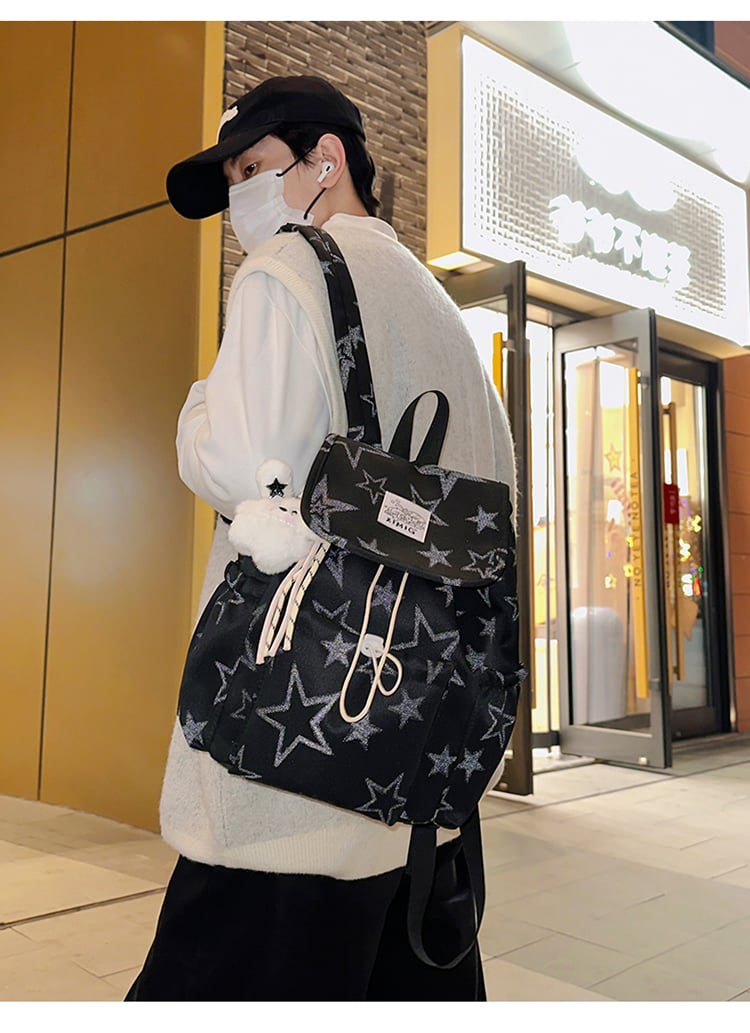 Black Star-Pattern Drawstring Backpack
