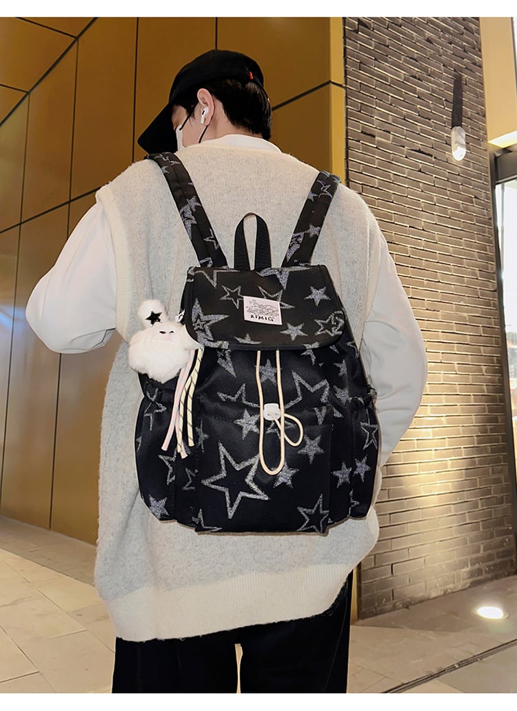 Black Star-Pattern Drawstring Backpack
