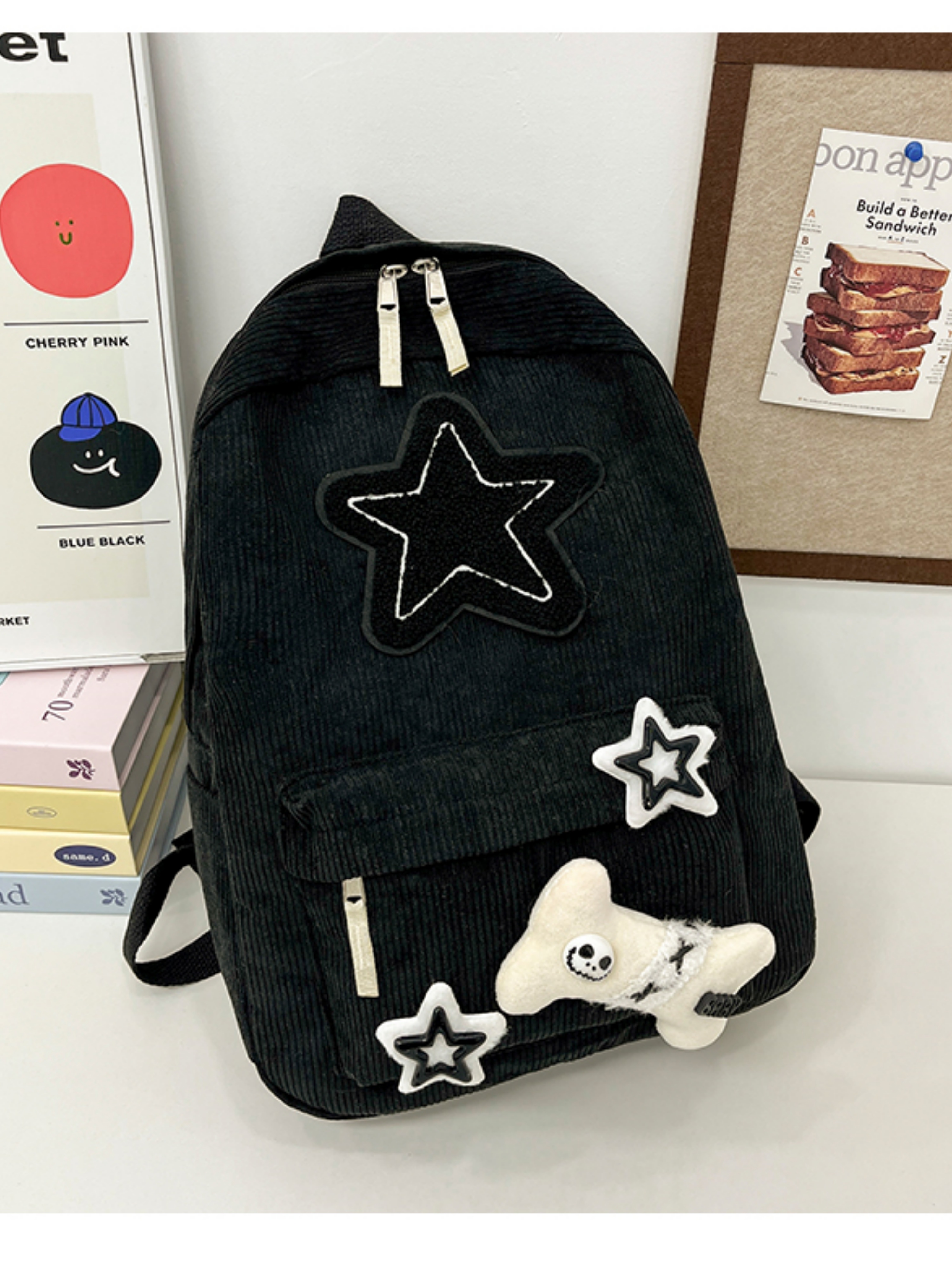 Black Corduroy Backpack with Star Patches