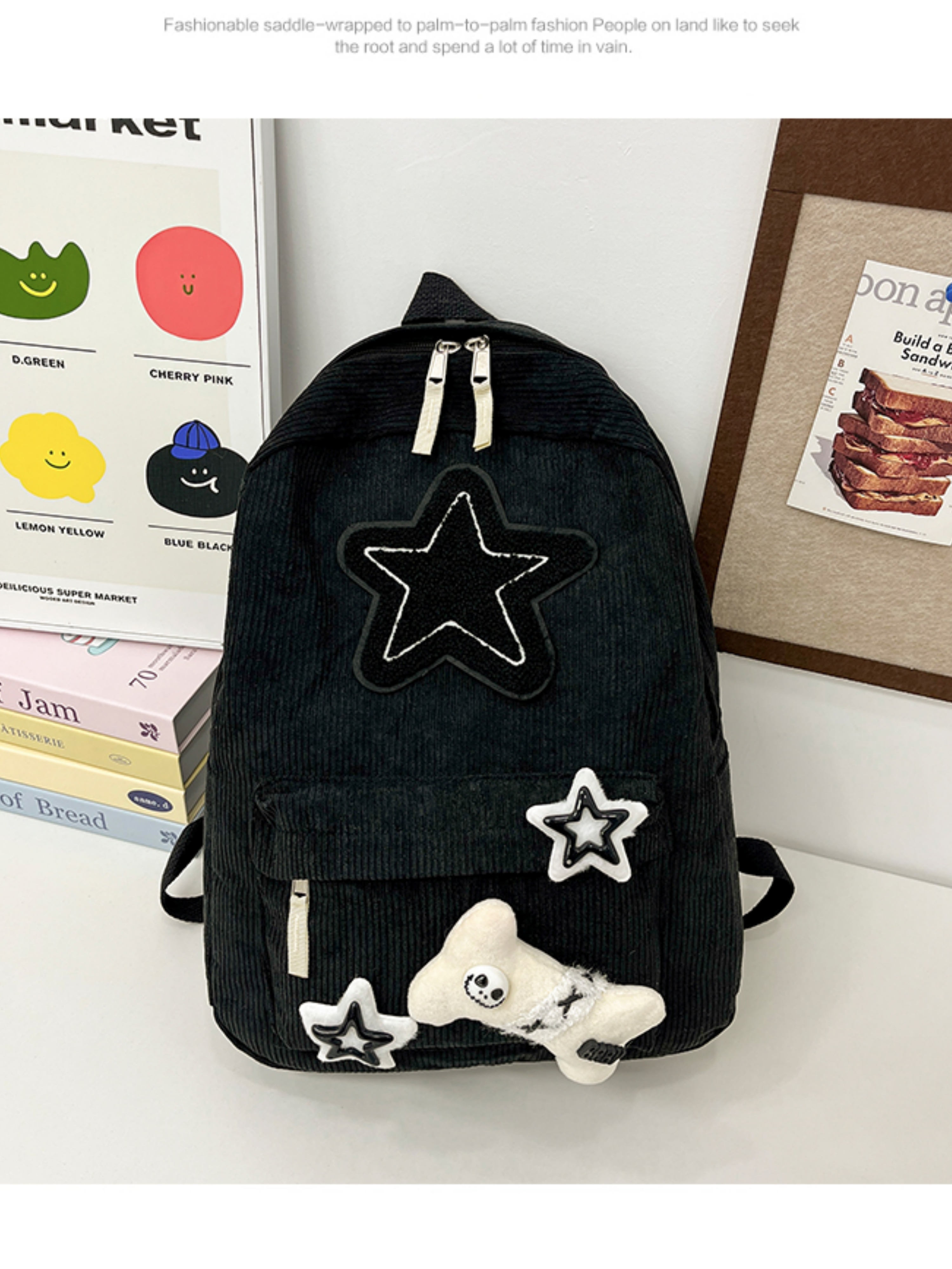 Black Corduroy Backpack with Star Patches
