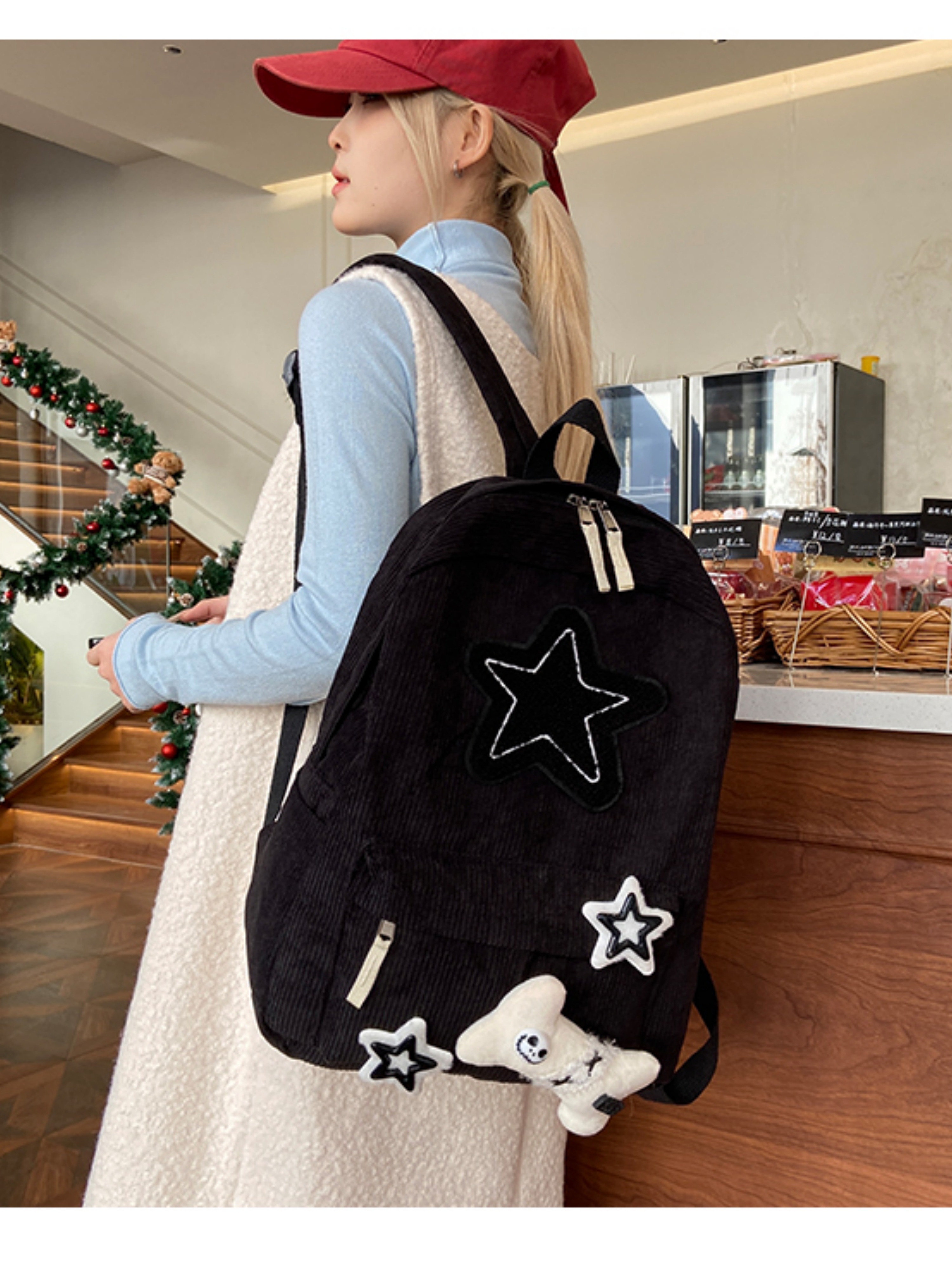 Black Corduroy Backpack with Star Patches
