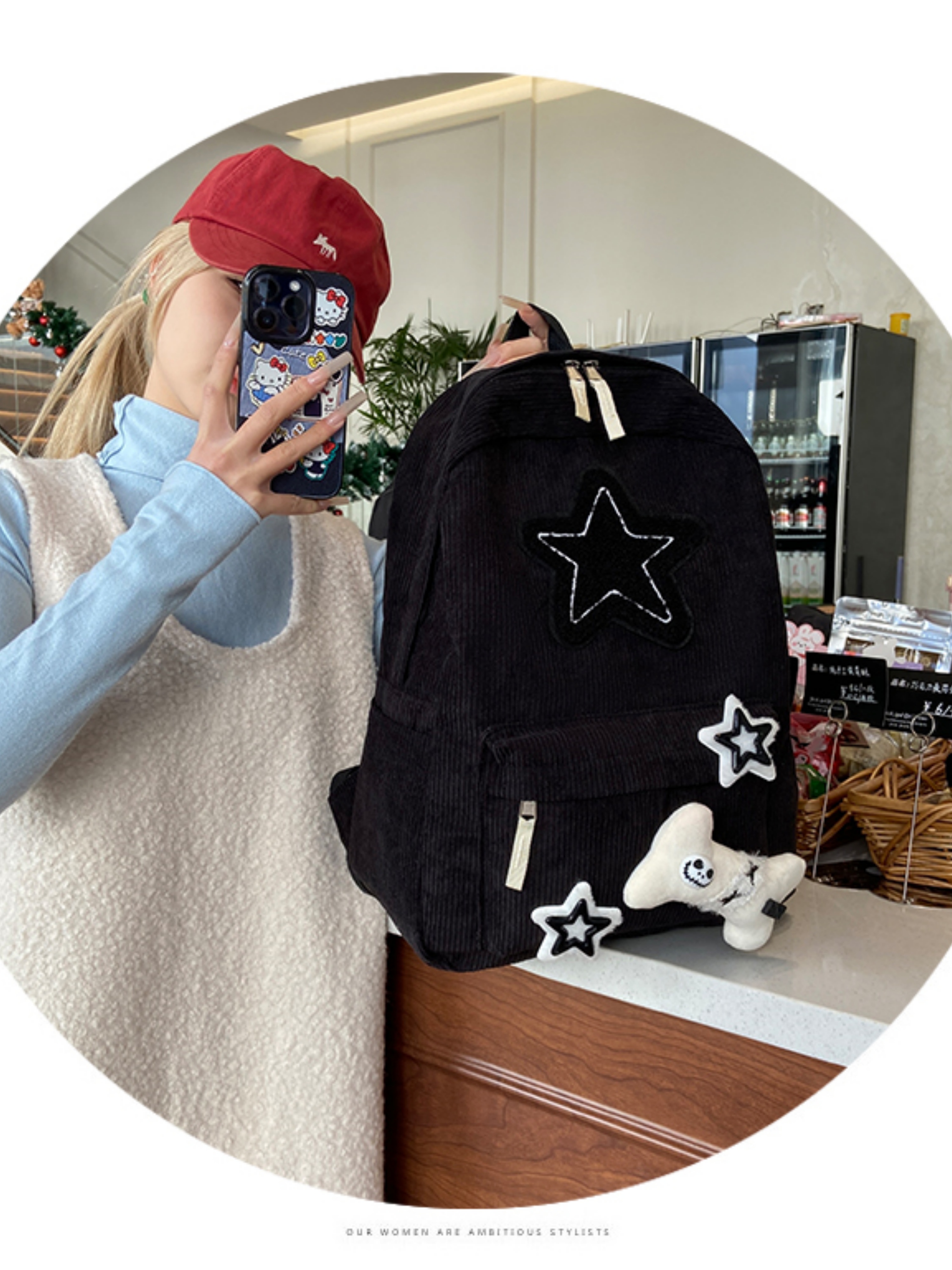 Black Corduroy Backpack with Star Patches