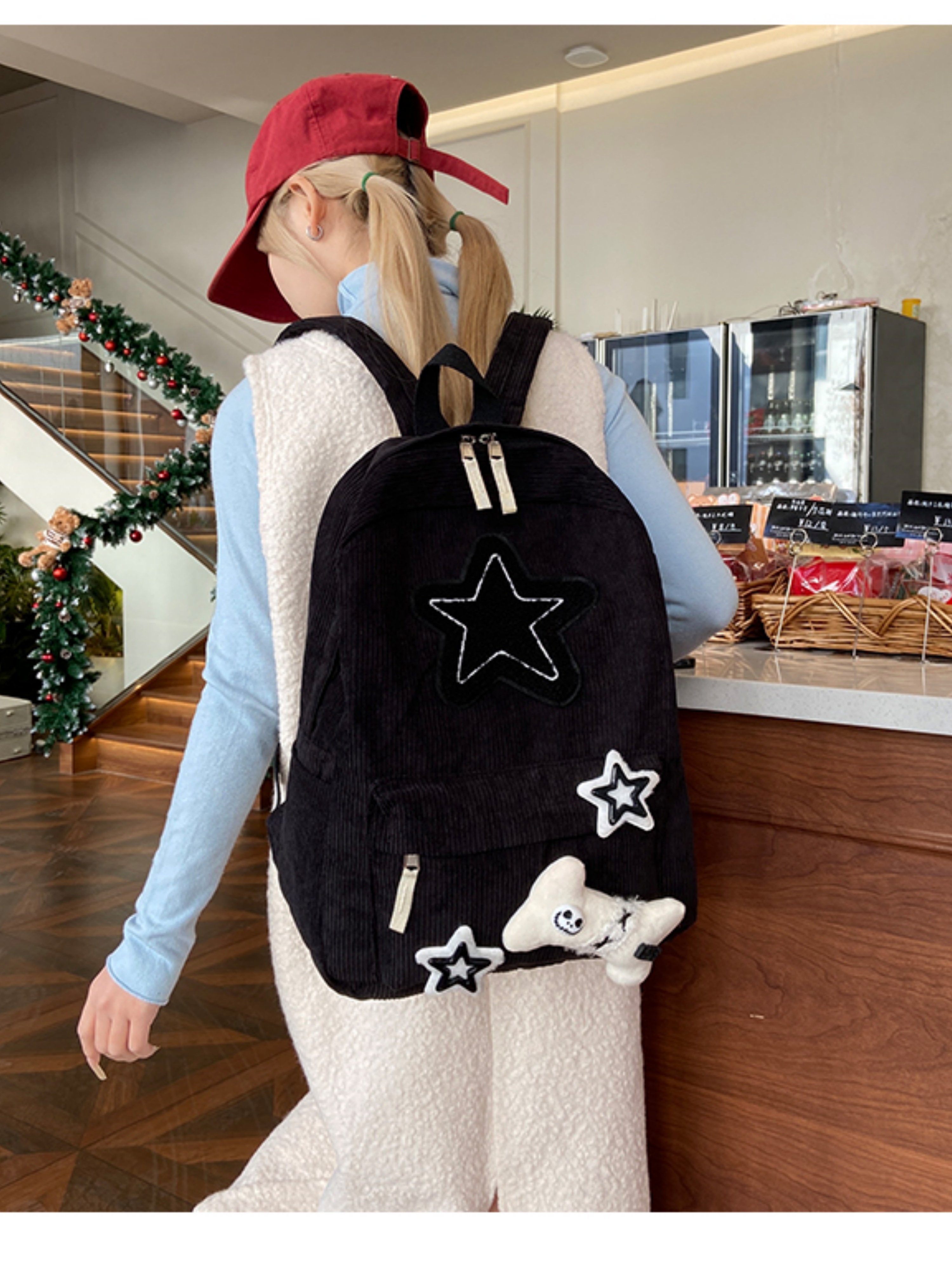 Black Corduroy Backpack with Star Patches