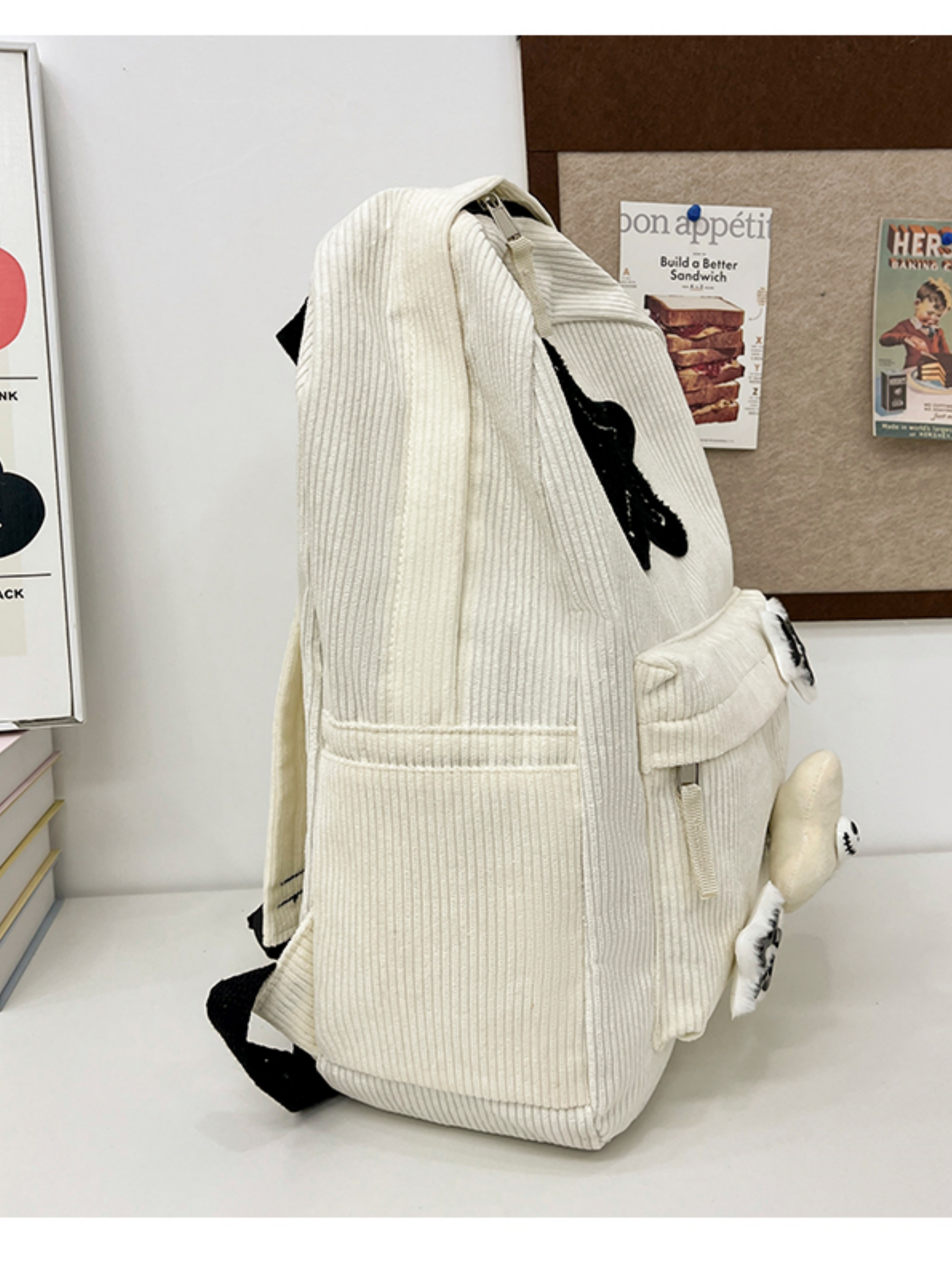 White Corduroy Multi-Charms Backpack