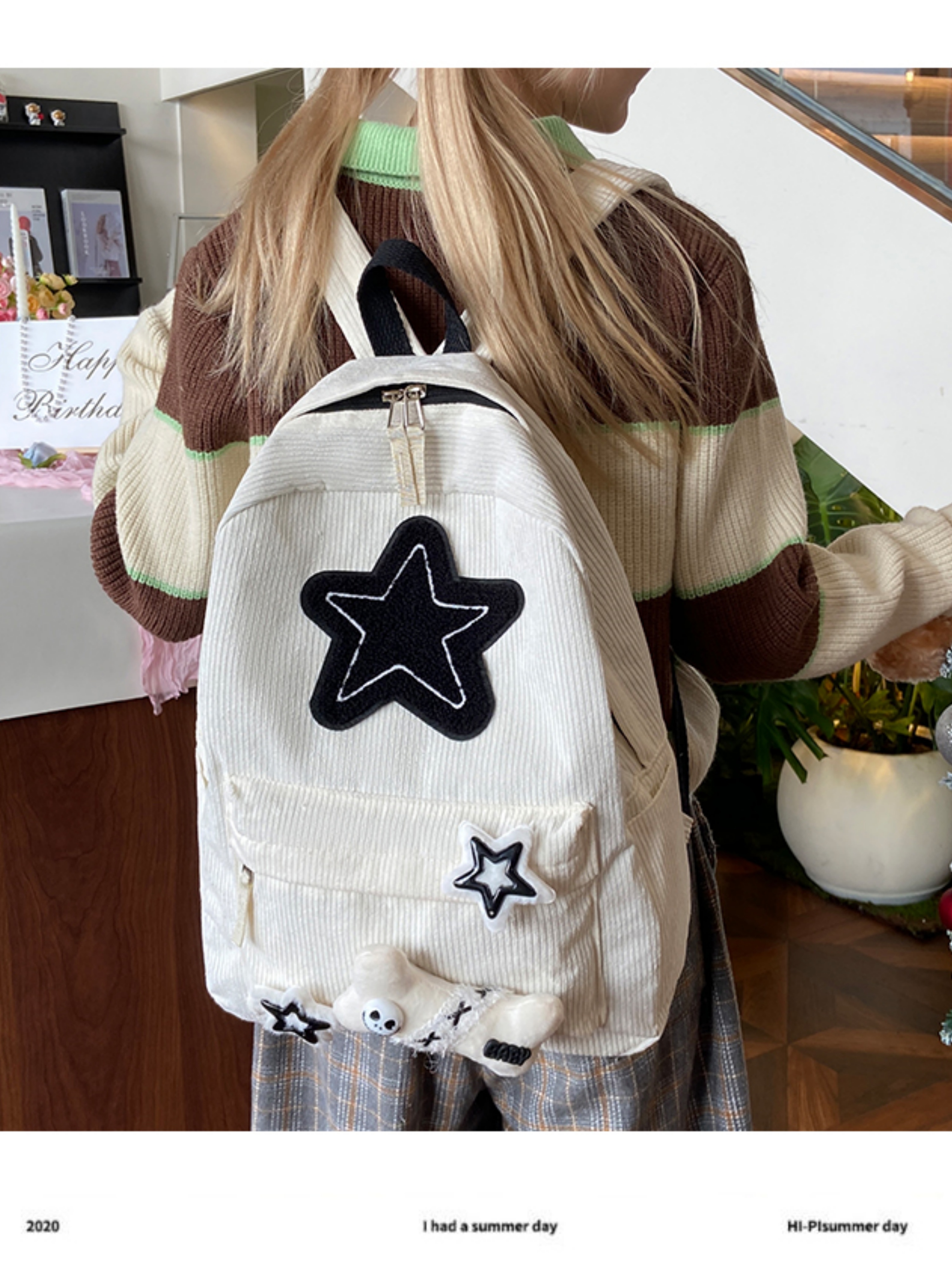 White Corduroy Multi-Charms Backpack