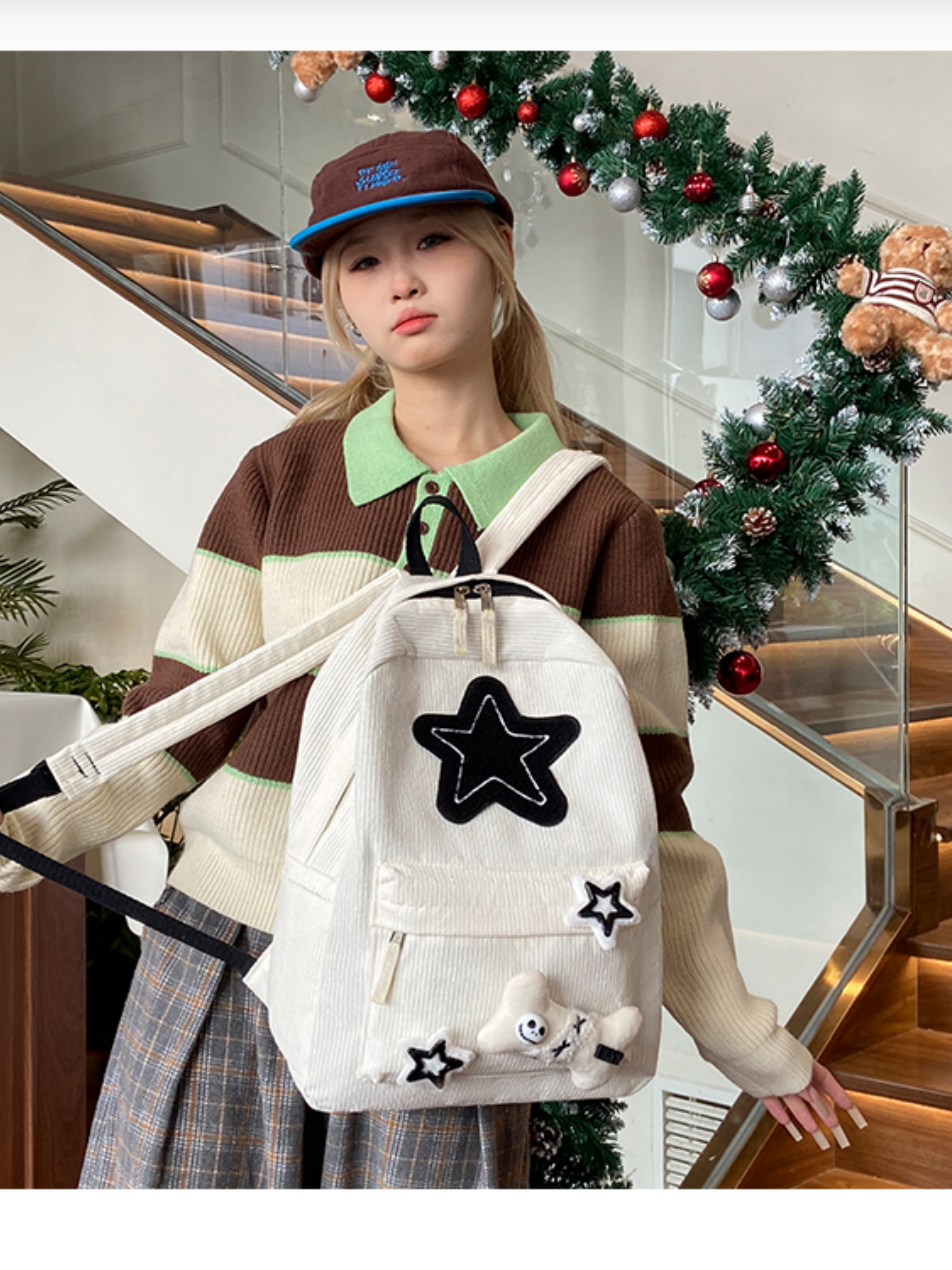 White Corduroy Multi-Charms Backpack