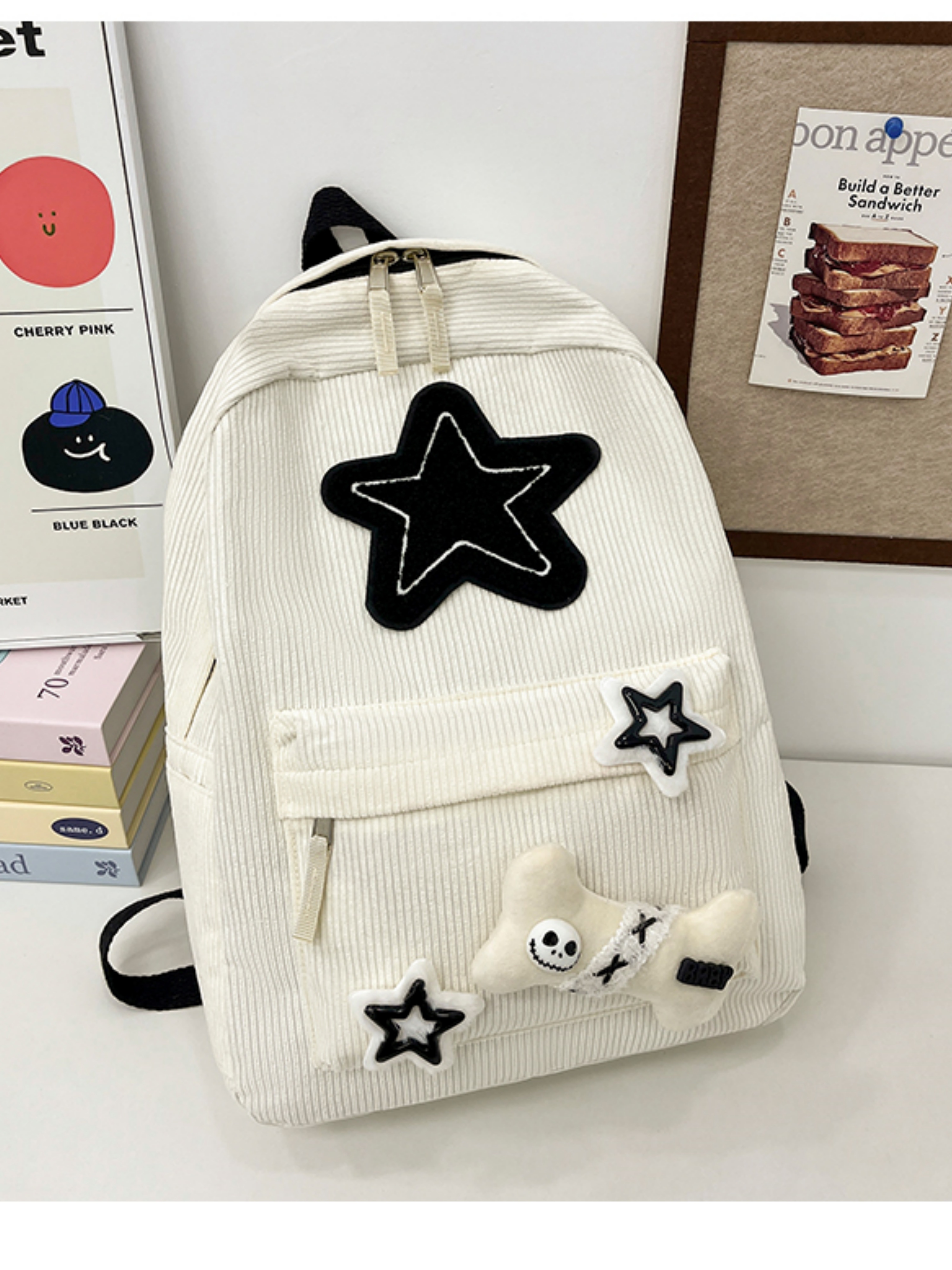 White Corduroy Multi-Charms Backpack