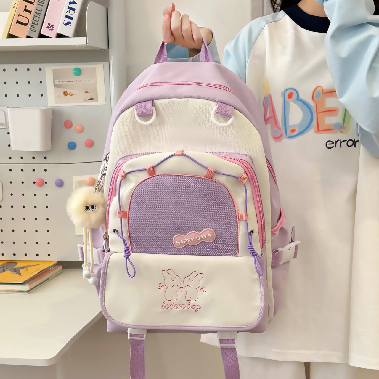 Multi-Color Aesthetic School Backpack with Charm
