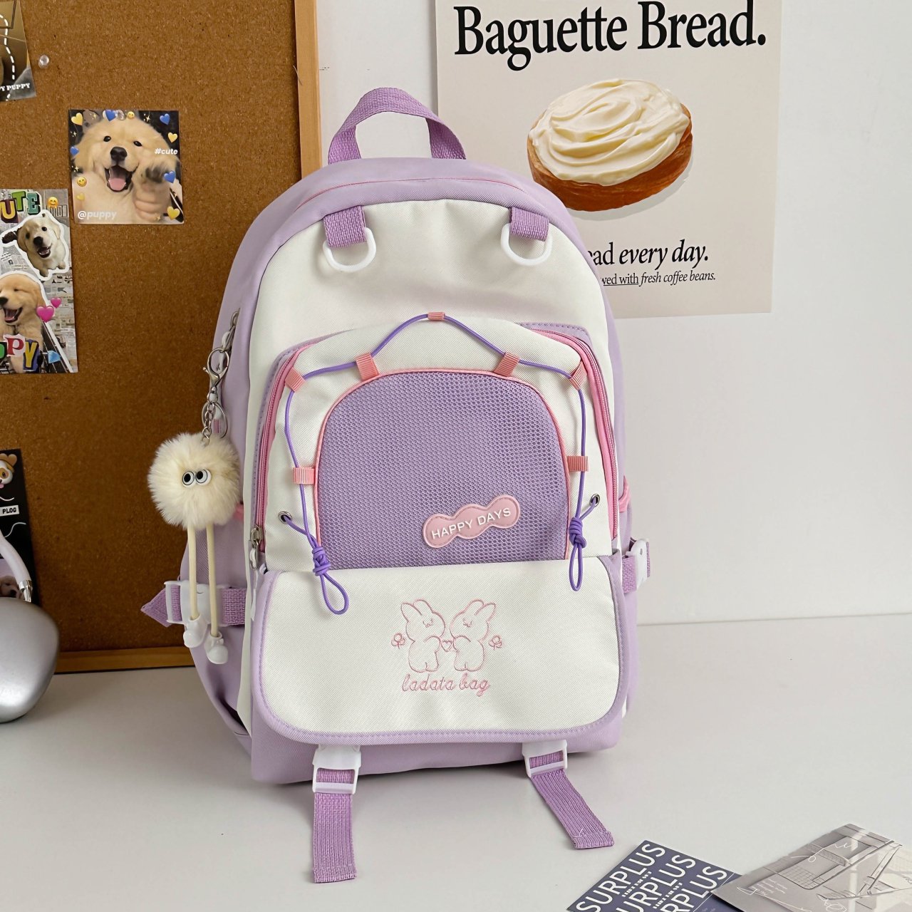 Multi-Color Aesthetic School Backpack with Charm