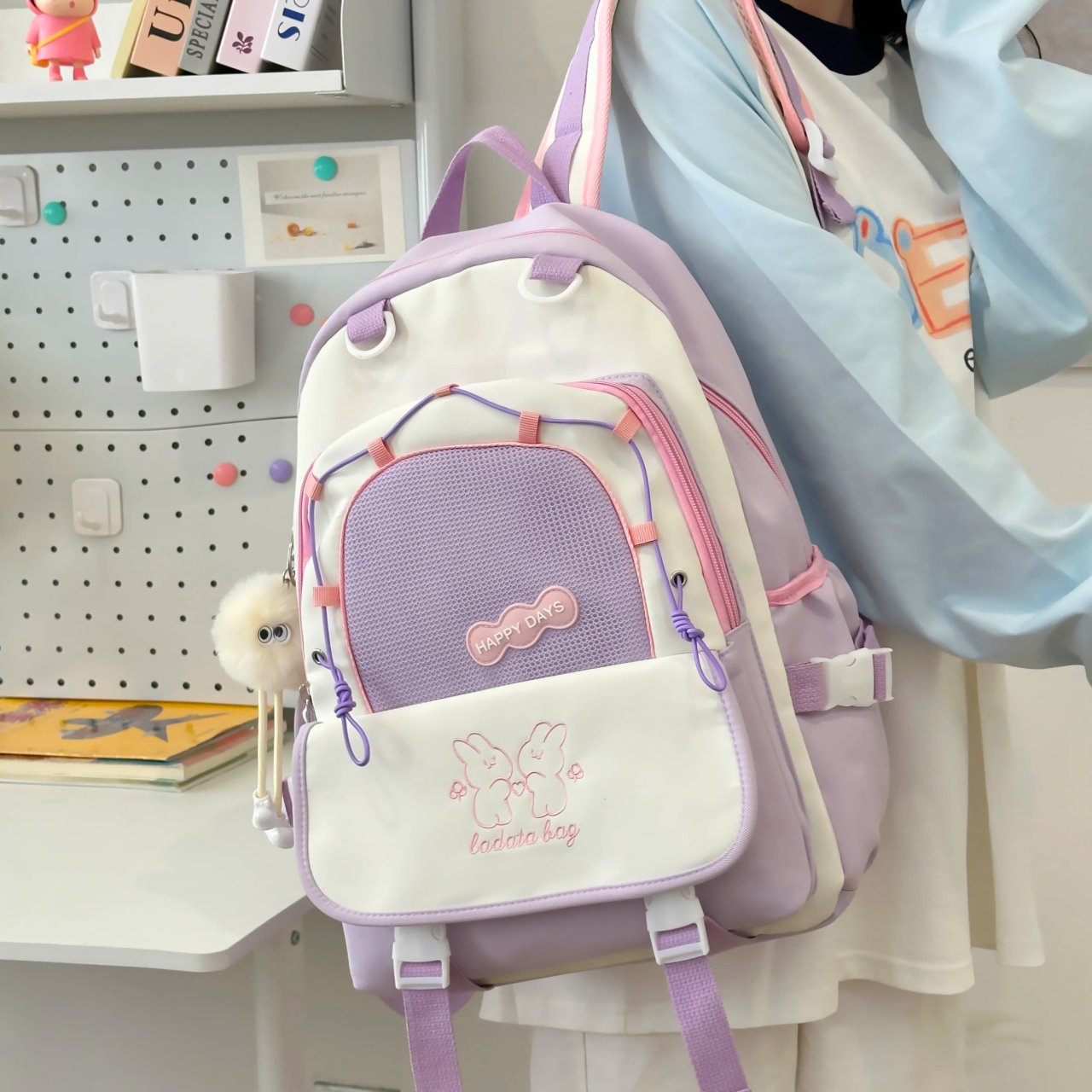 Multi-Color Aesthetic School Backpack with Charm